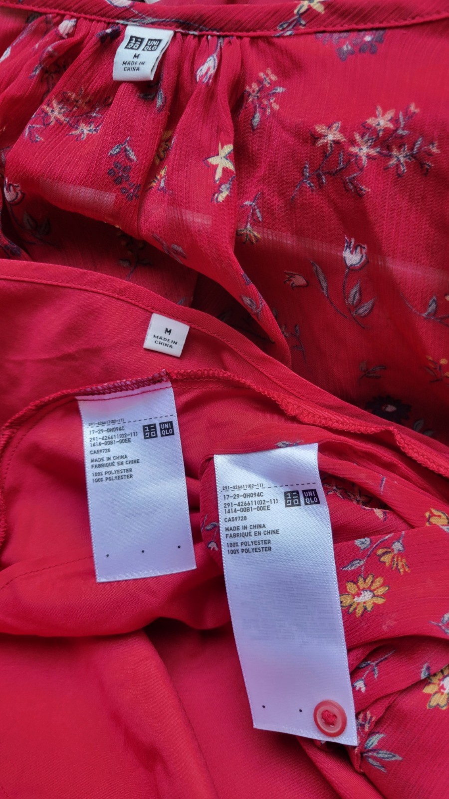 Uniqlo Sheer Women Drawstring Waist Button Down Red Floral Boho Midi Dress, sz M