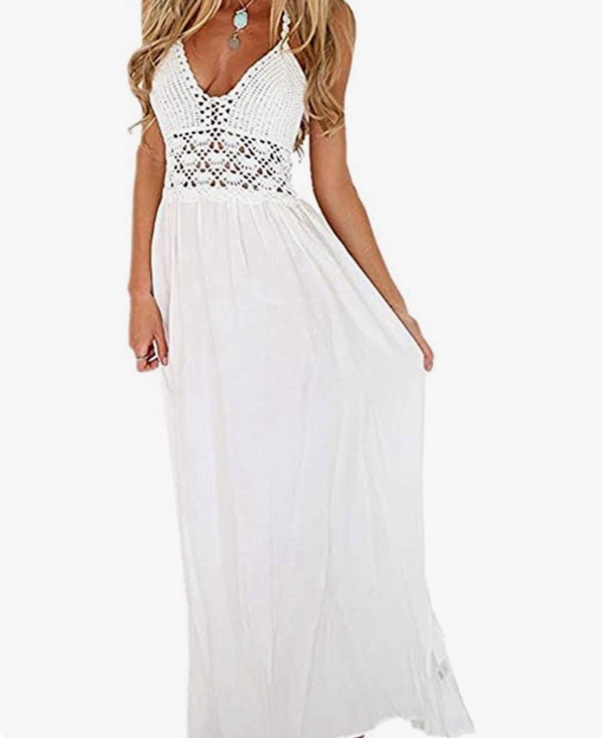 Lilbetter Beach Crochet Backless Bohemian Halter Maxi Dress White summer XS New