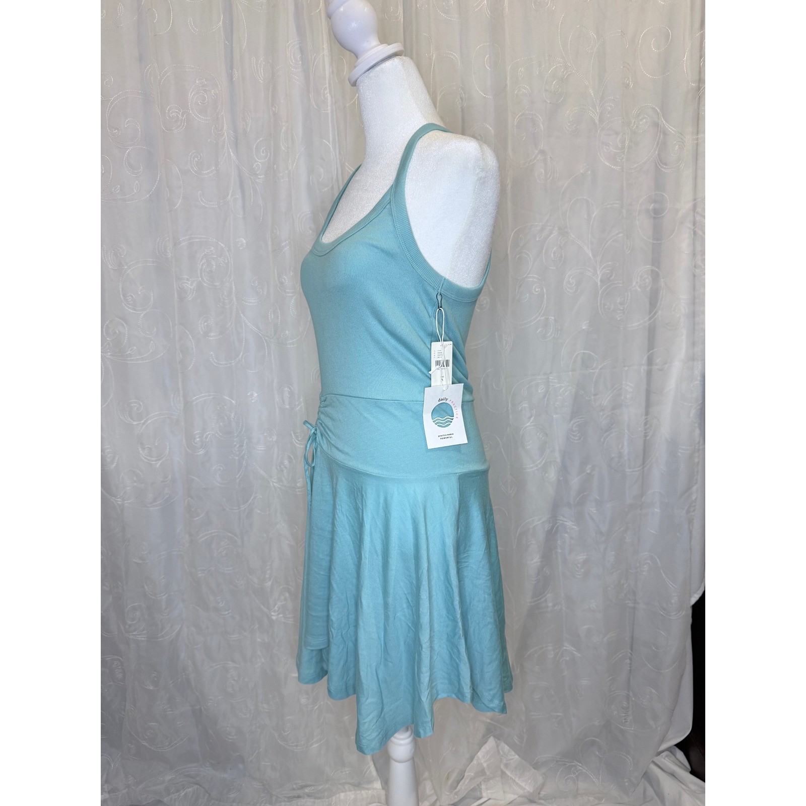 Daily Practice Anthropologie Ribbed Mini Dress Turquoise Blue Cinched Side Small