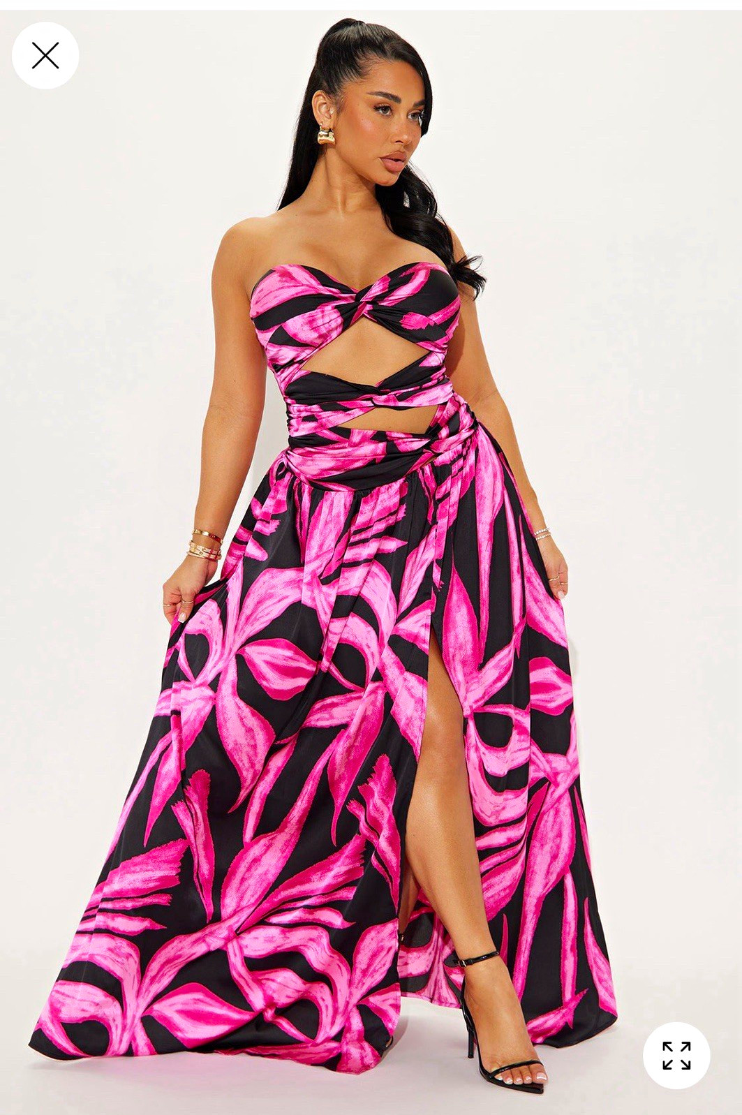 Women’s Strapless Maxi Dress L Pink/Black Abstract Satin Polyester Cutout Slit