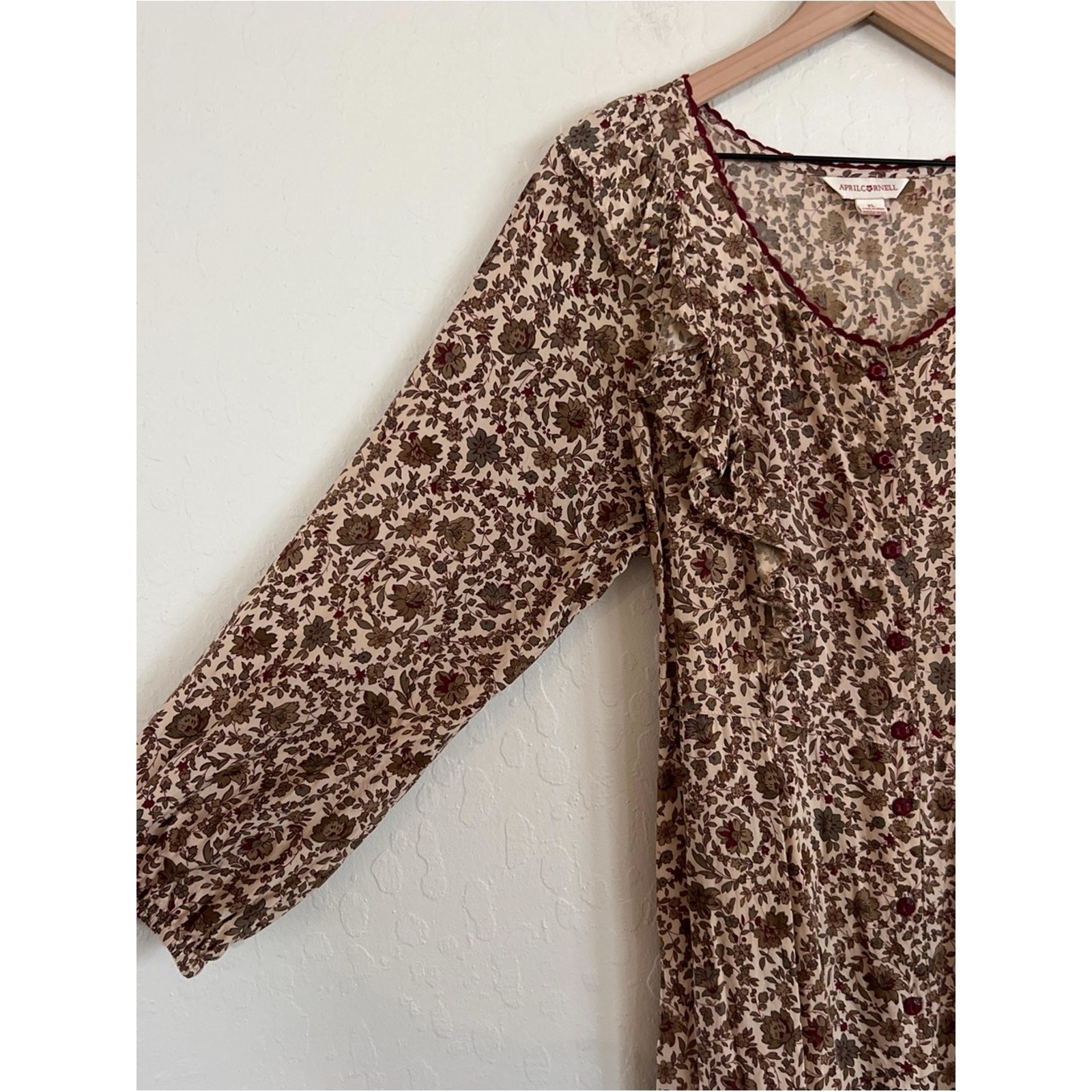 April Cornell Long Sleeve Button Front Midi Maxi Prairie Dress XL Floral Cottage