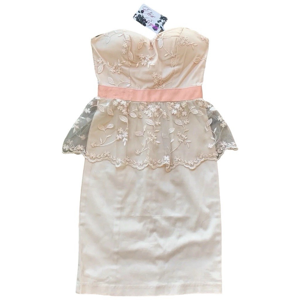 New Elise Ryan Lace Embroidered Peplum Cocktail Dress Peach Beige Size UK 6 US 2