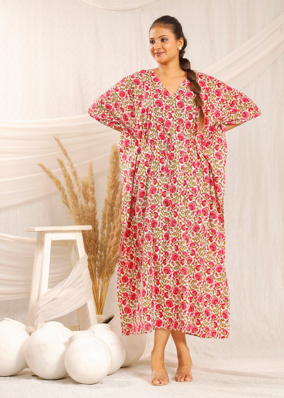 Pink and green color flower print kaftan made high quality best looking kaftan