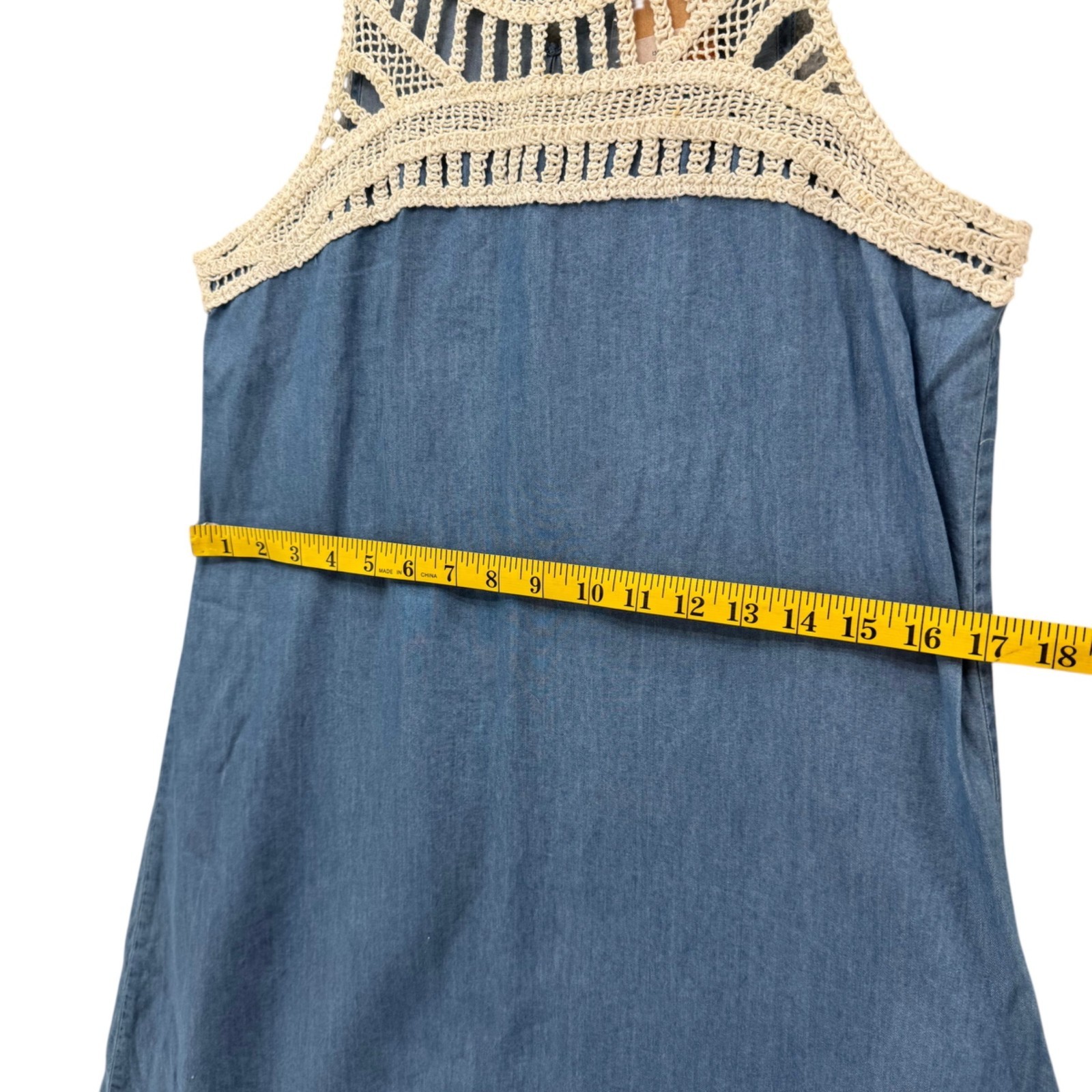 Red Camel Chambray Mini Dress Blue Sleeveless Crochet Lace Detail Size S