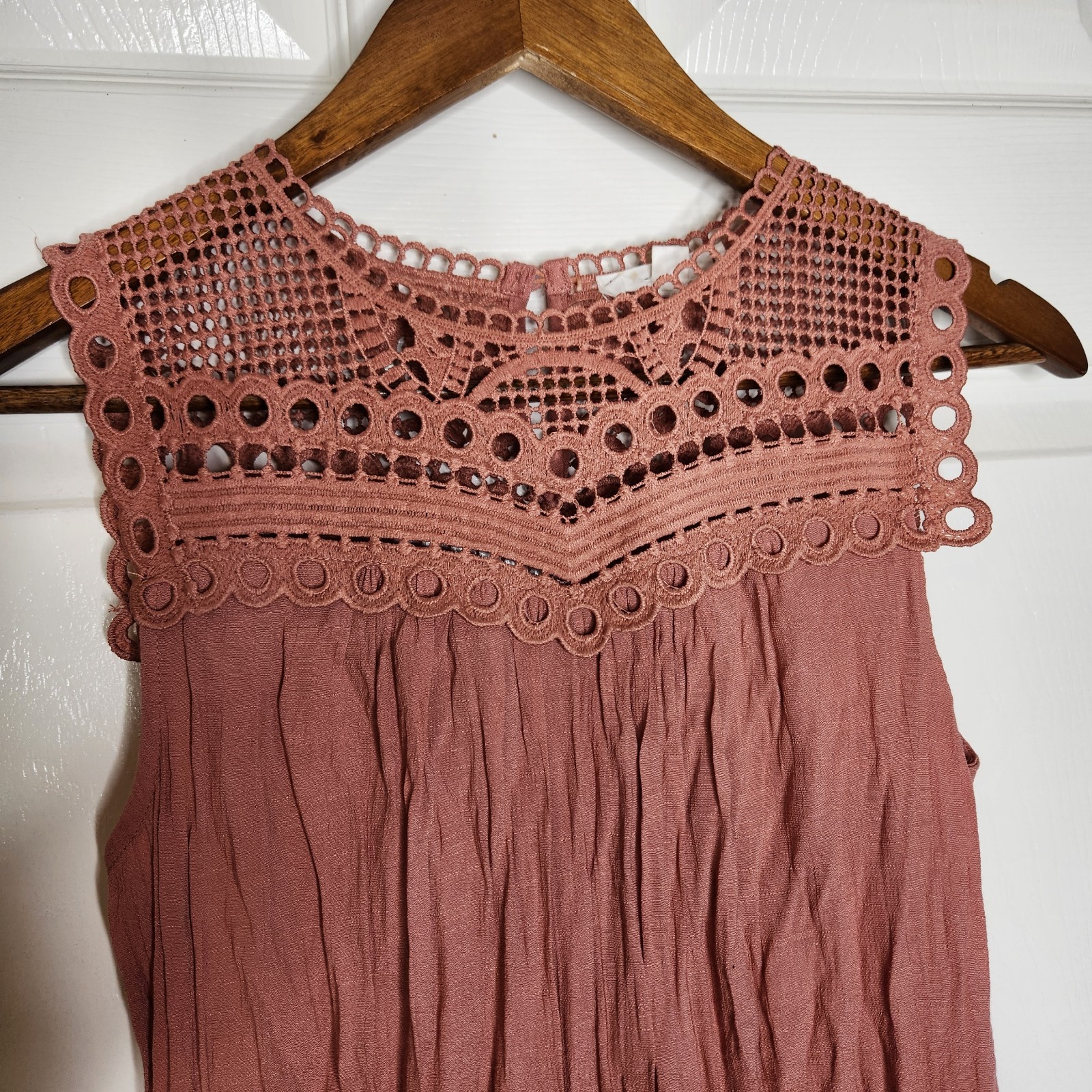 MINE Blush Pink Crochet Lace Accents Sleeveless Smocked Lined Mini Dress Size S