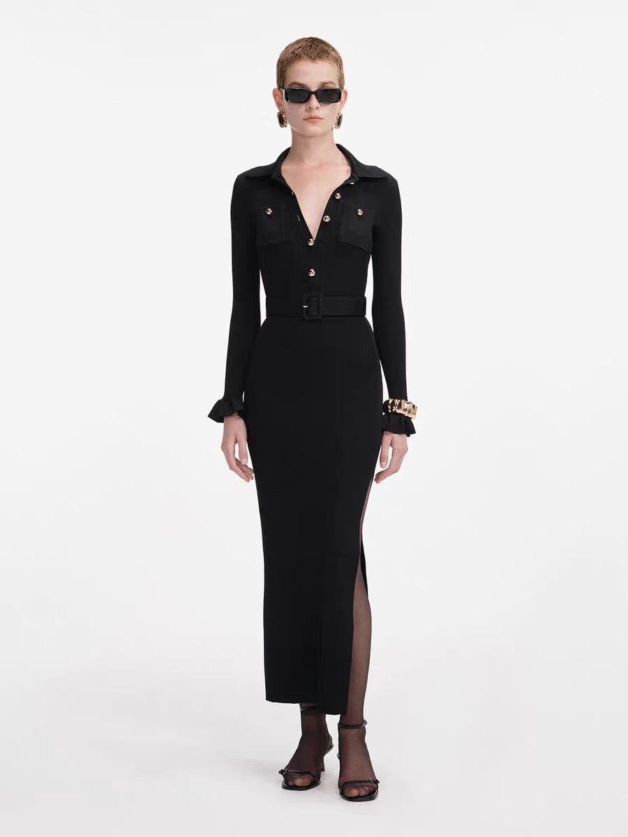 Self-Portrait Side split Flip collar Flared sleeves Knitted dress Belt