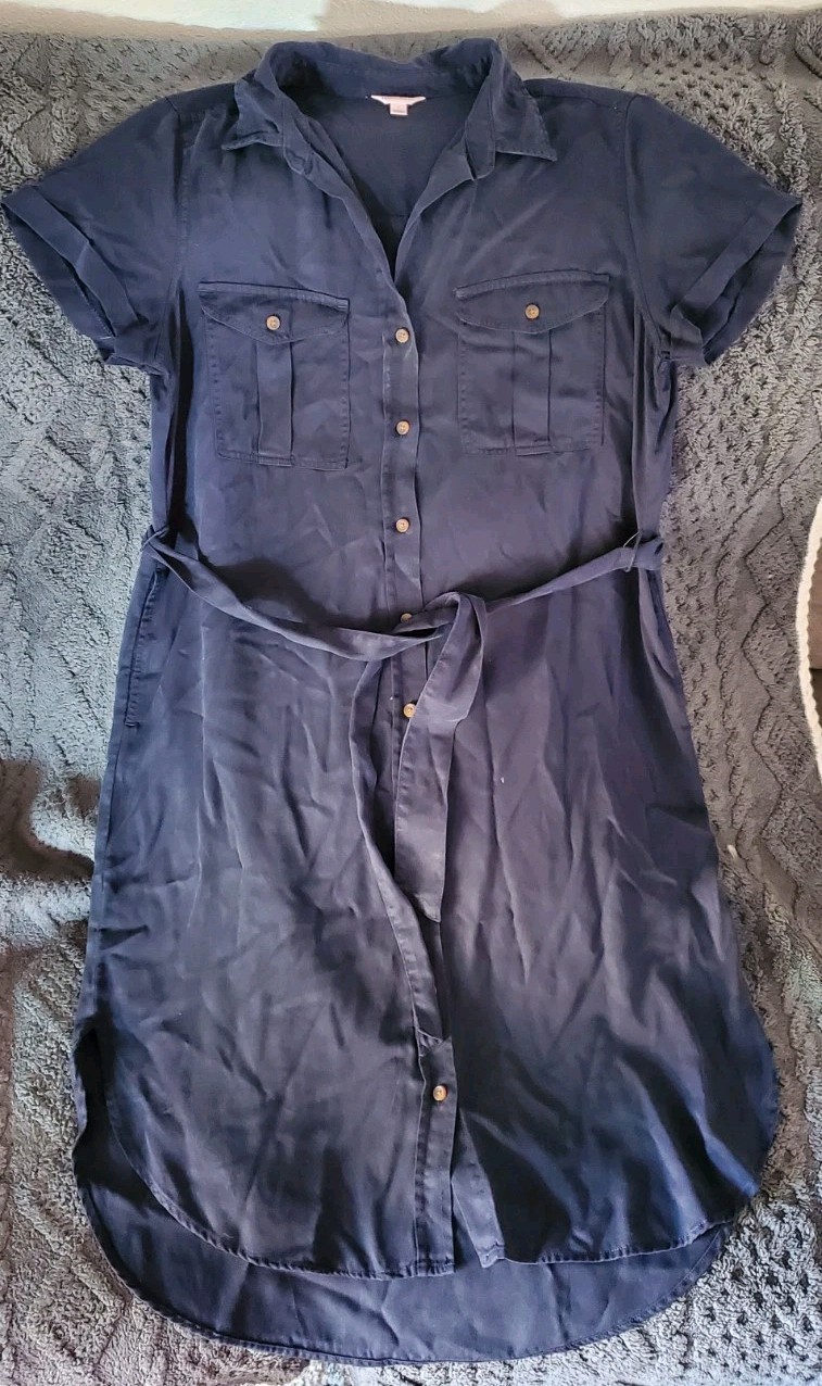 Teddi Rose Navy Solid Tencel Twill Midi Shirt Dress Button Belt Pockets Sz L NWO