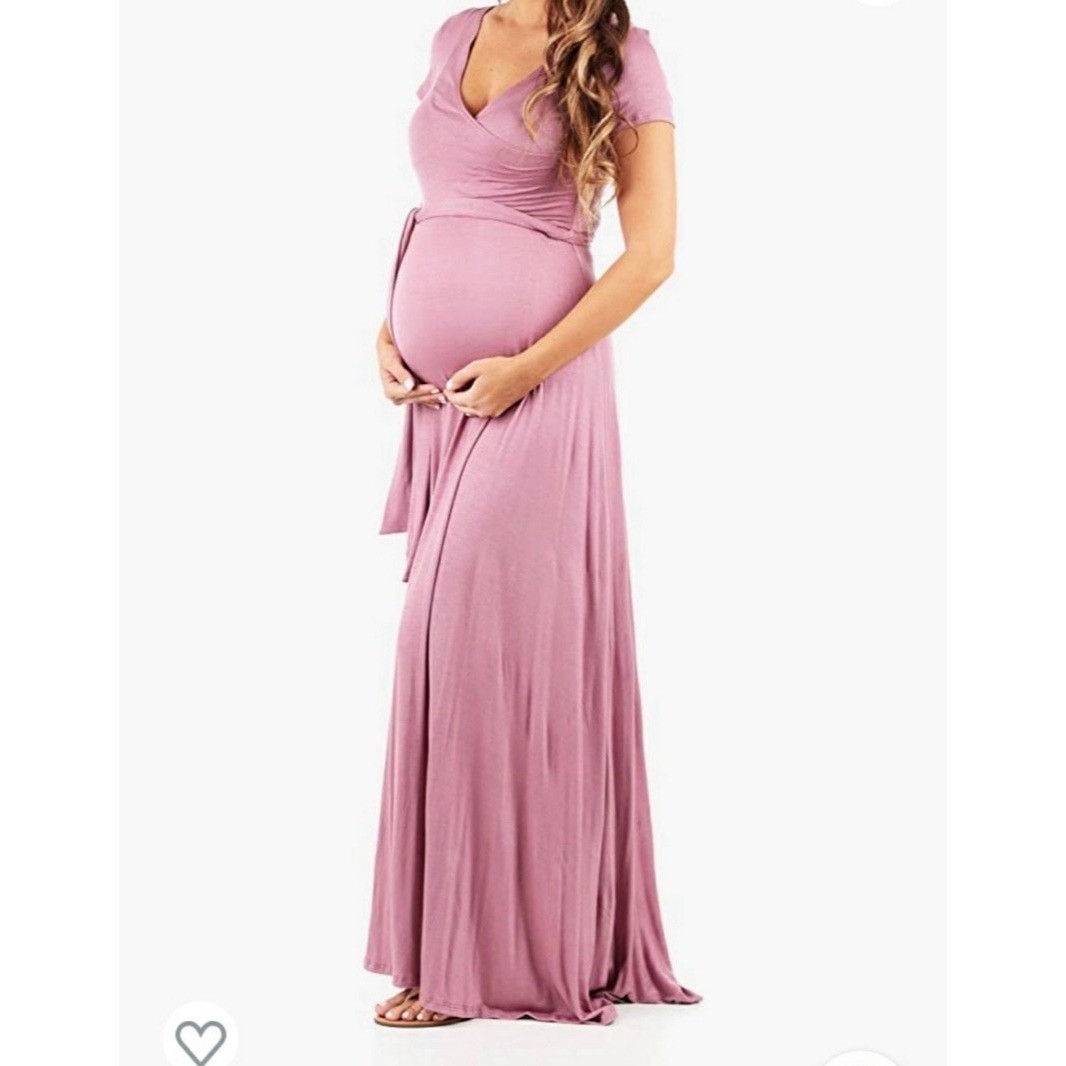 Mother Bee Maternity Mauve Pink Wrap Maxi Dress 3/4 Sleeve XL Baby Shower Photo