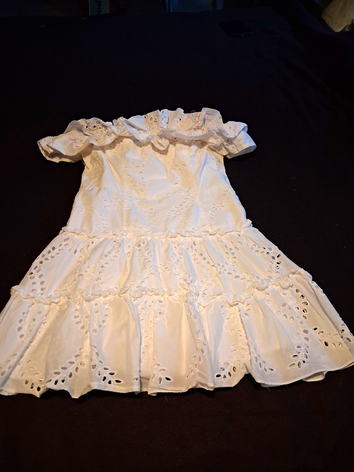 ZARA White Off Shoulder Smocked Mini Dress Lace Eyelet Ruffle Trim Size S Artist