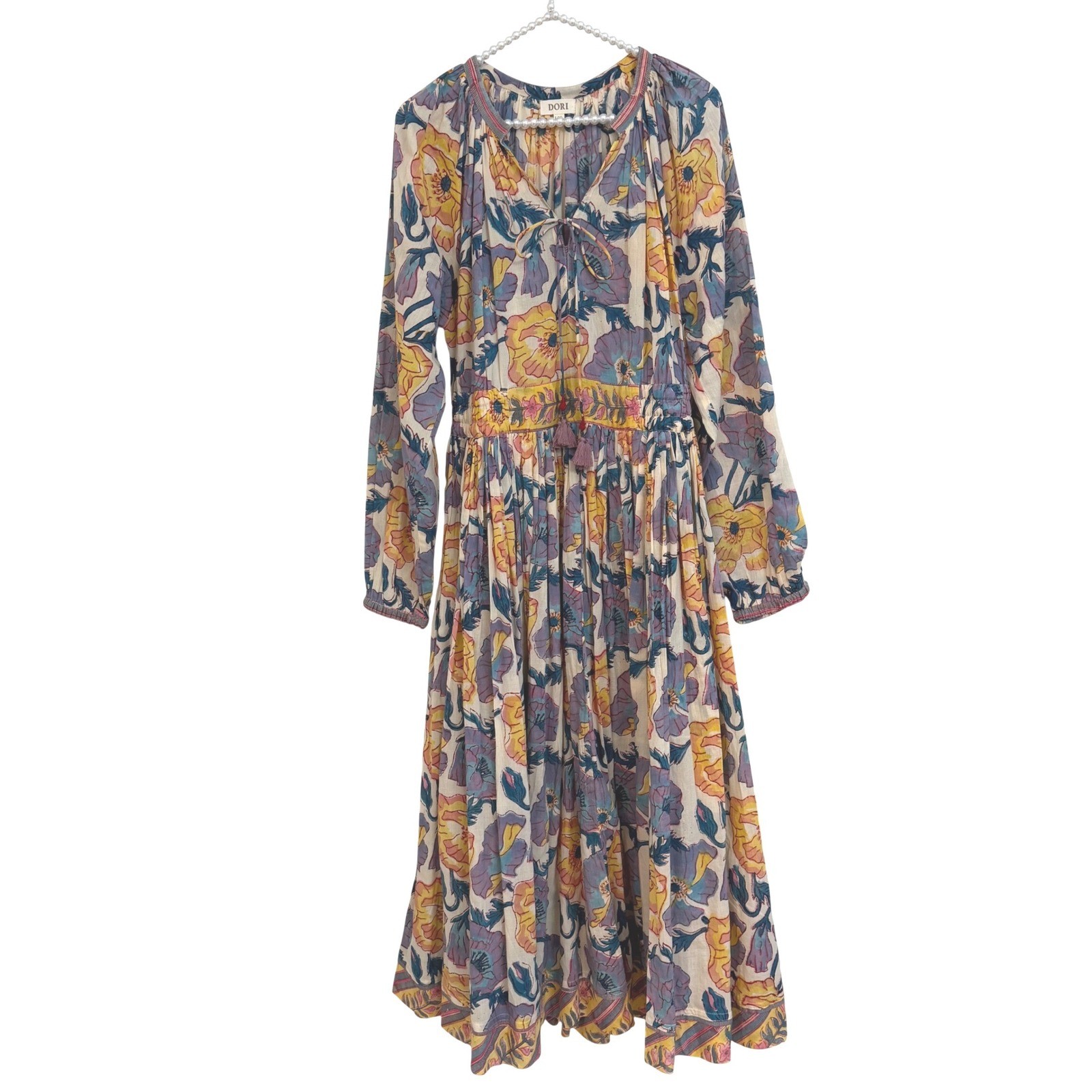 Dori Floral Poppy Print Cotton Boho Midi Dress Purple Yellow Cottagecore L/XL
