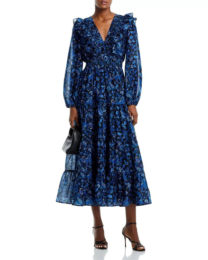 Aqua Blue/Black Paisley Print Tiered Maxi Dress L82014 Womens Size S
