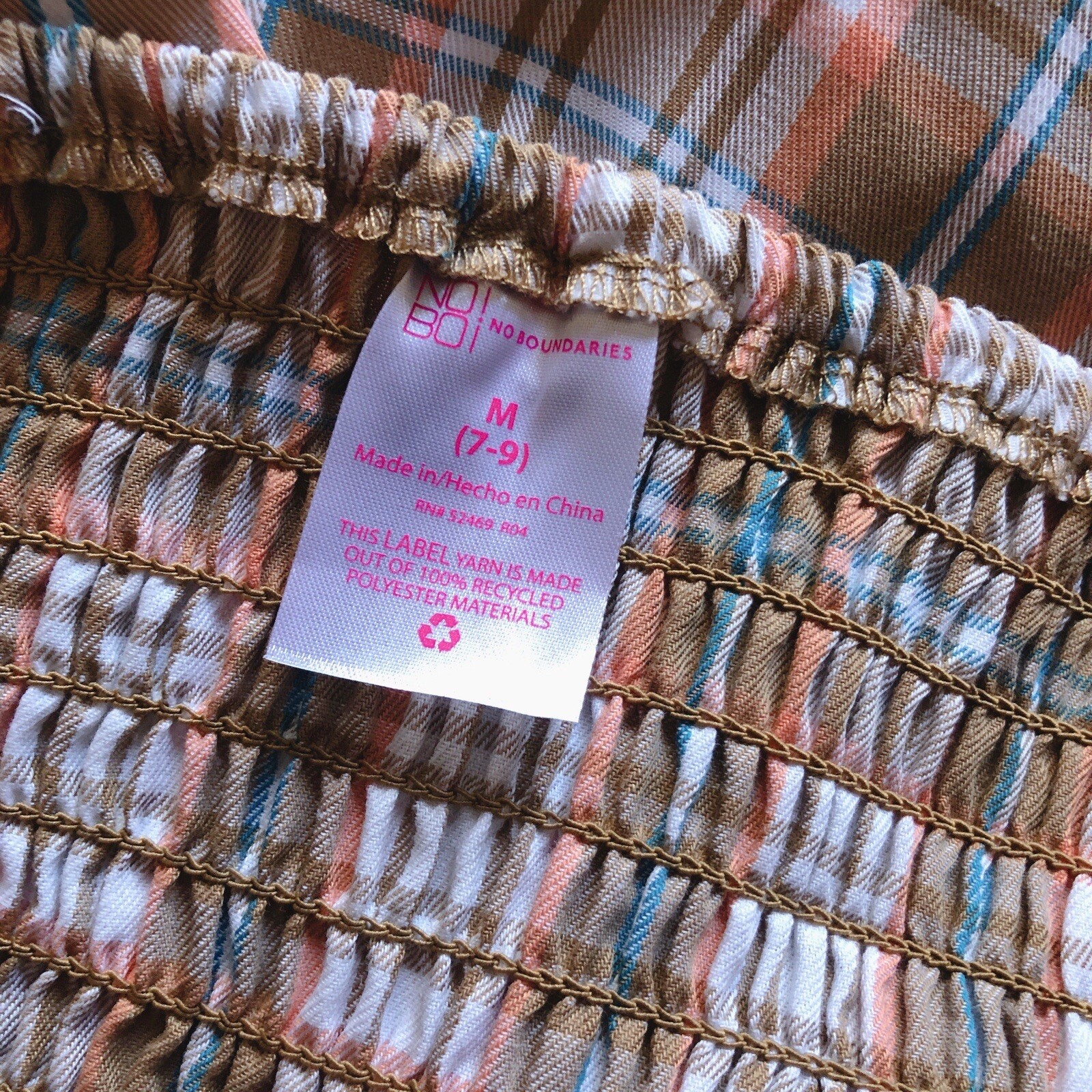 No Boundaries Tan White Orange Blue Plaid Mini Sleeveless Pinafore Dress Size M