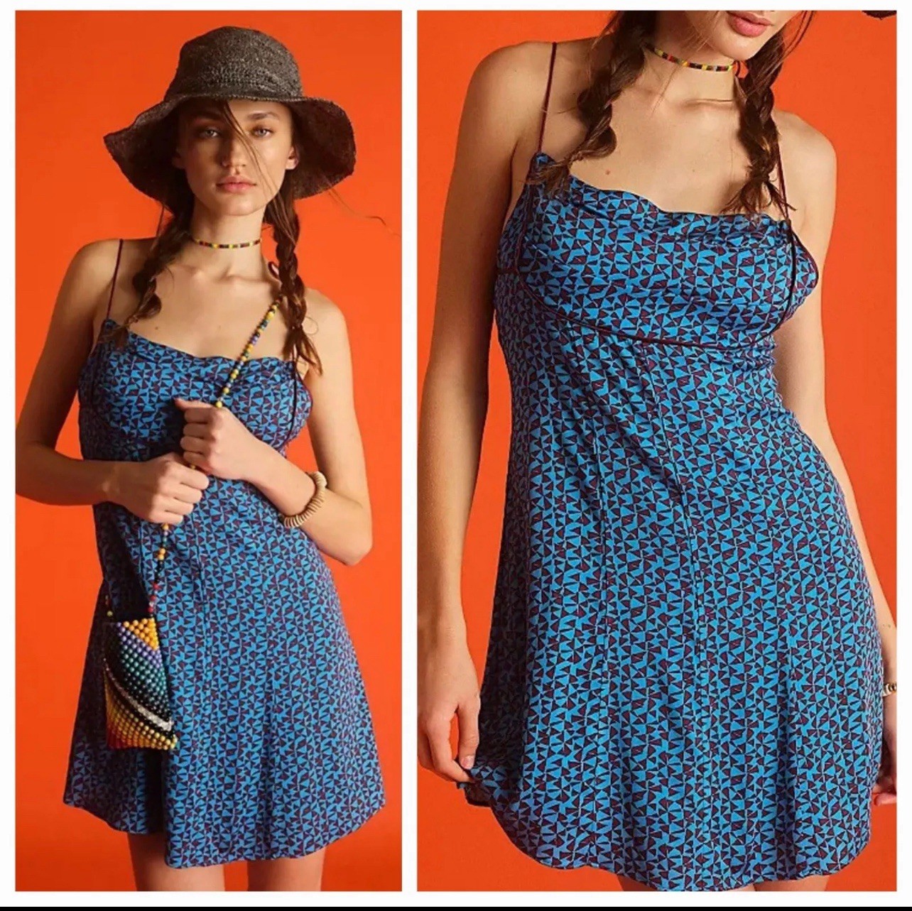 FREE PEOPLE Blue Combo Kai Print Tie Strap Lined Minidress M MEDIUM