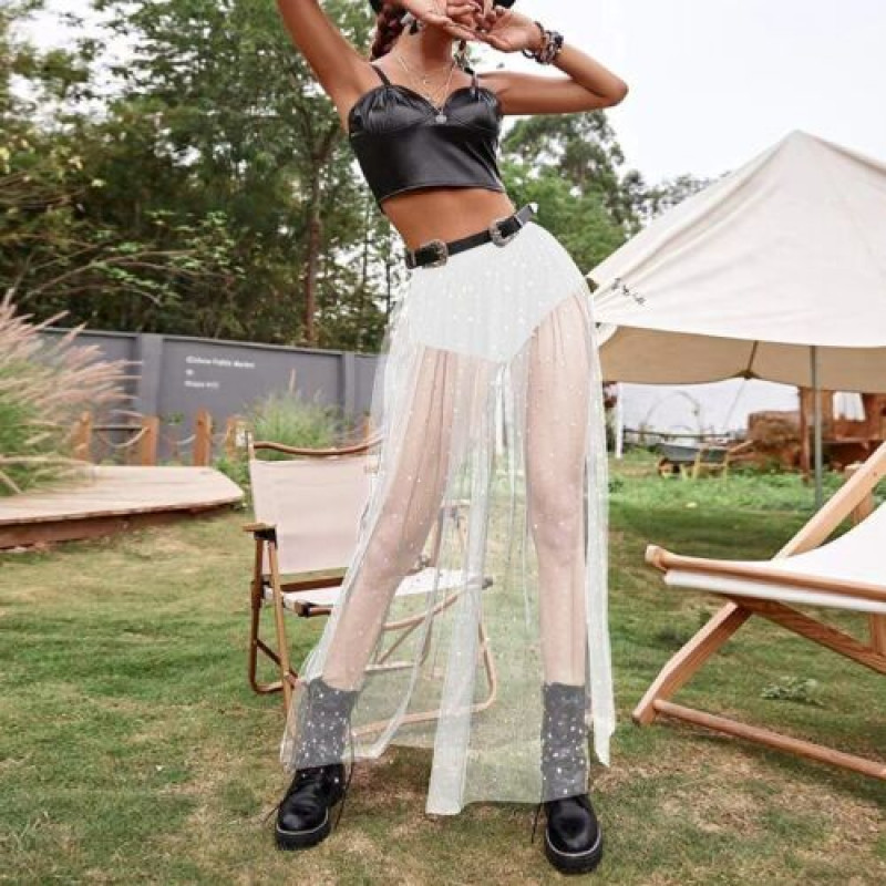 Womens Nightclub Sexy Perspective Pleated Lace Wrap Hip Mesh High Waist Skirt