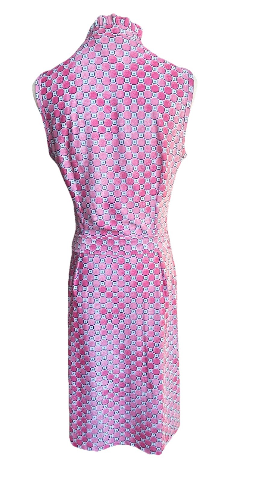 Pappagallo Tess Ruffle Neck Midi Dress. Button Up geometric pink, Belted Sz 4