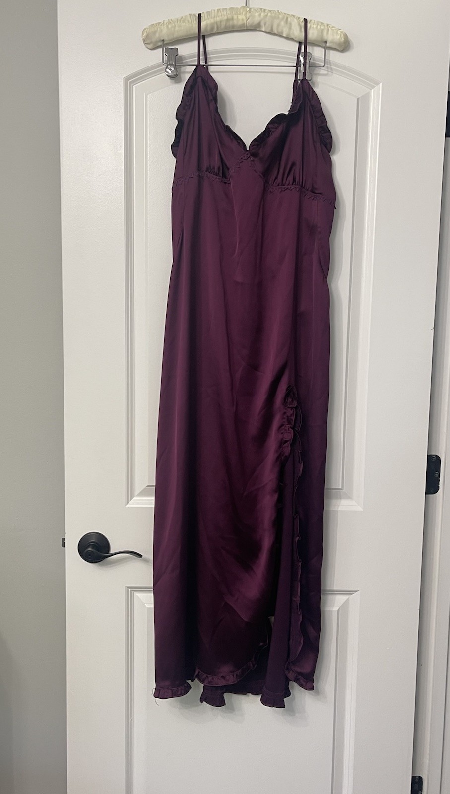 Whimsigoth Satin Slip Maxi Dress Deep Purple Ruffled Side Slit Witchy Evening M