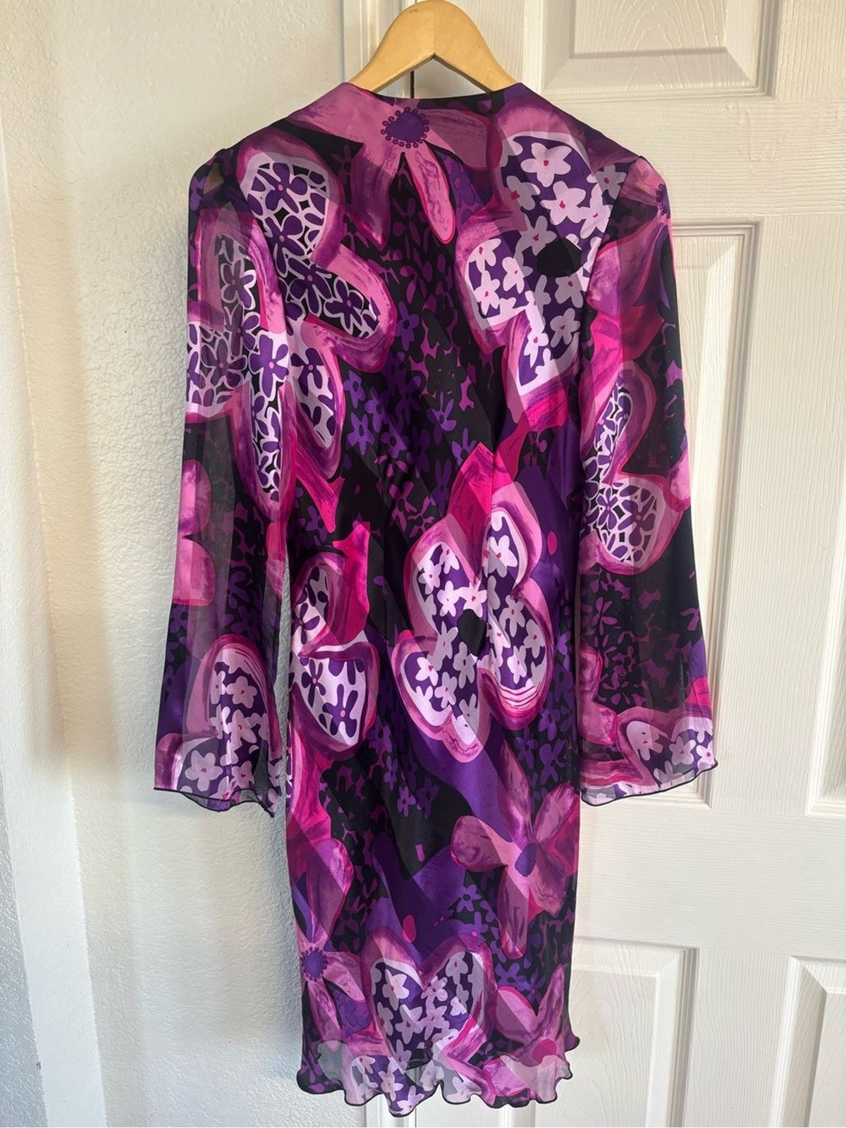 Mary L. Couture Silk Ruffle Trim Purple Floral Beaded Dress