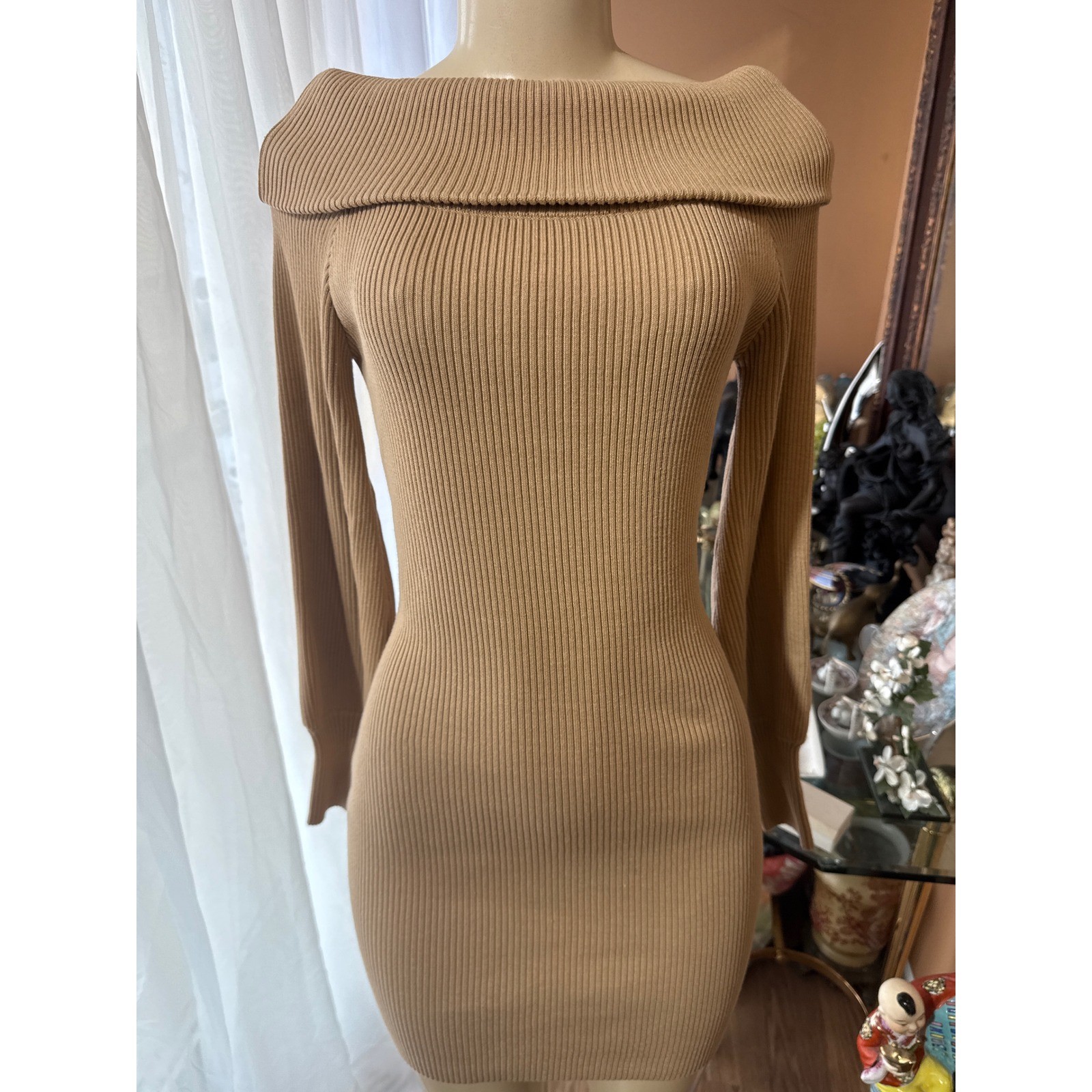Fashion Nova Oh You Fancy Sweater Mini Dress Taupe Off Shoulder Ribbed Knit L