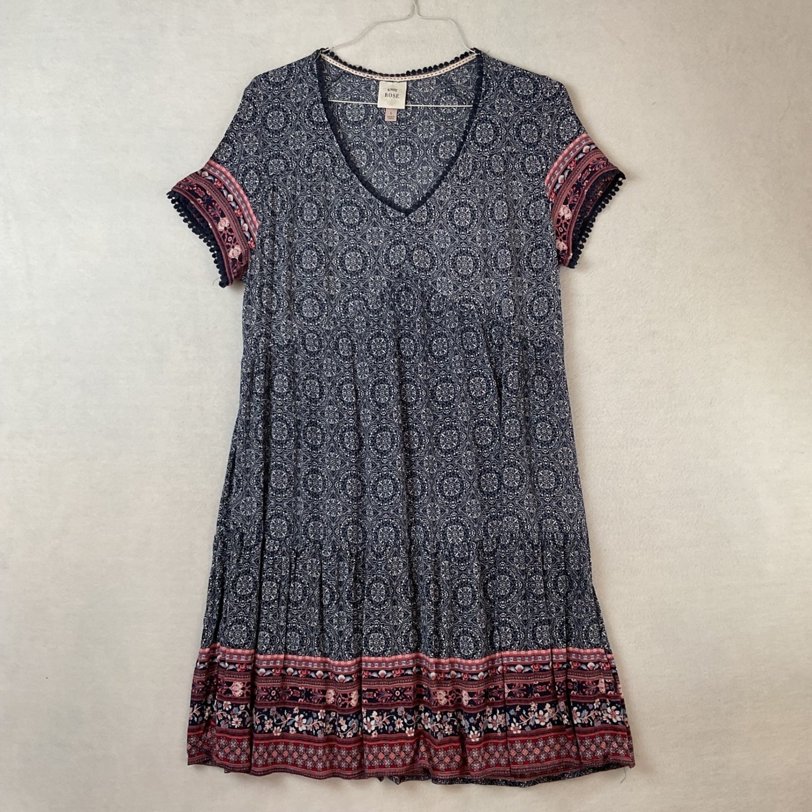 Knox Rose Navy Blue Red Floral Tiered Boho Babydoll Dress Large Pom Pom Trim