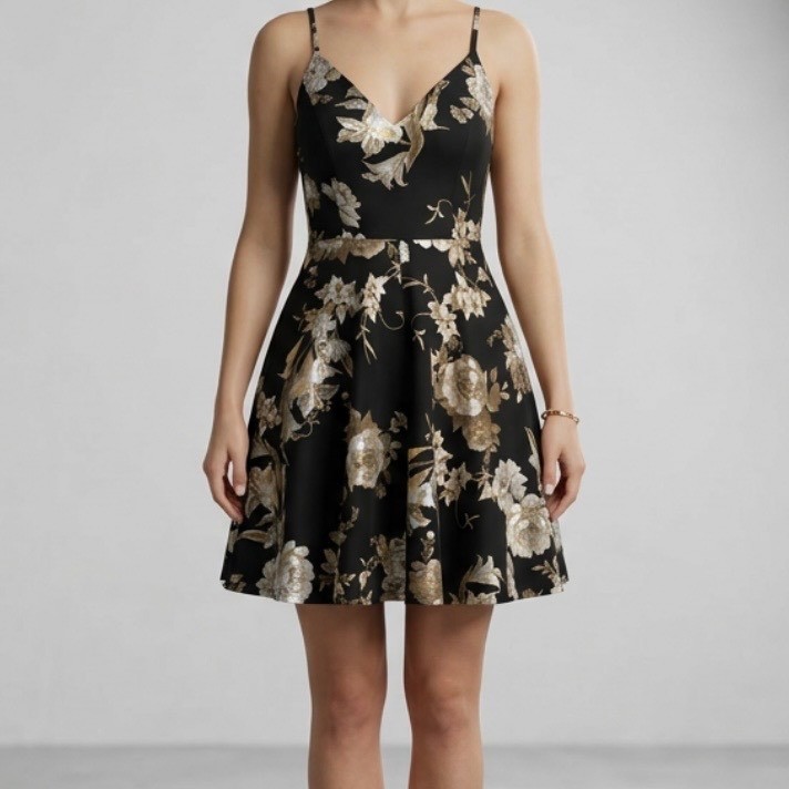 Charlotte Russe Black Gold Metallic Floral Skater Dress V-Neck Mini Small USA