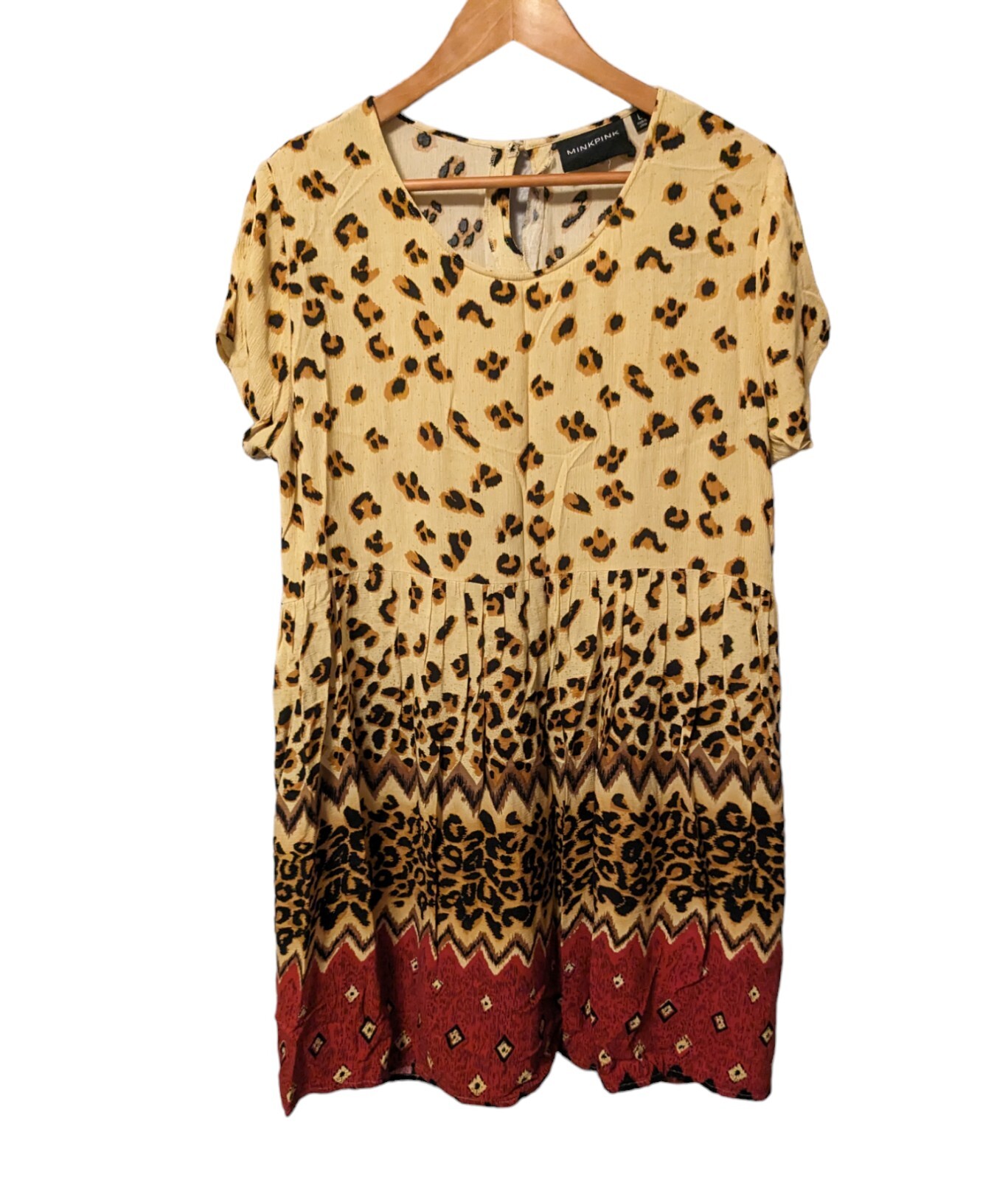 MinkPink Wild Things Mini Leopard Cheetah Boho Babydoll Dress Sz L