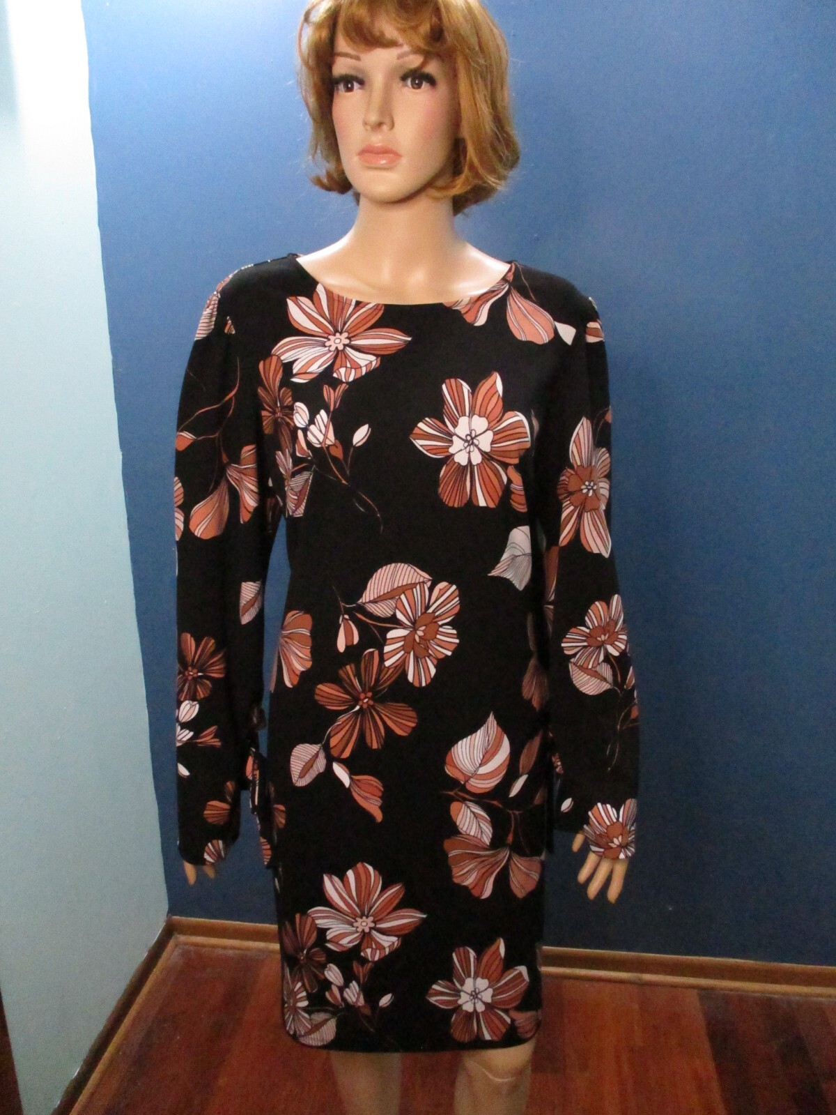 size 14 black and rust floral zip up knit sheath retro mod dress by NINE WEST