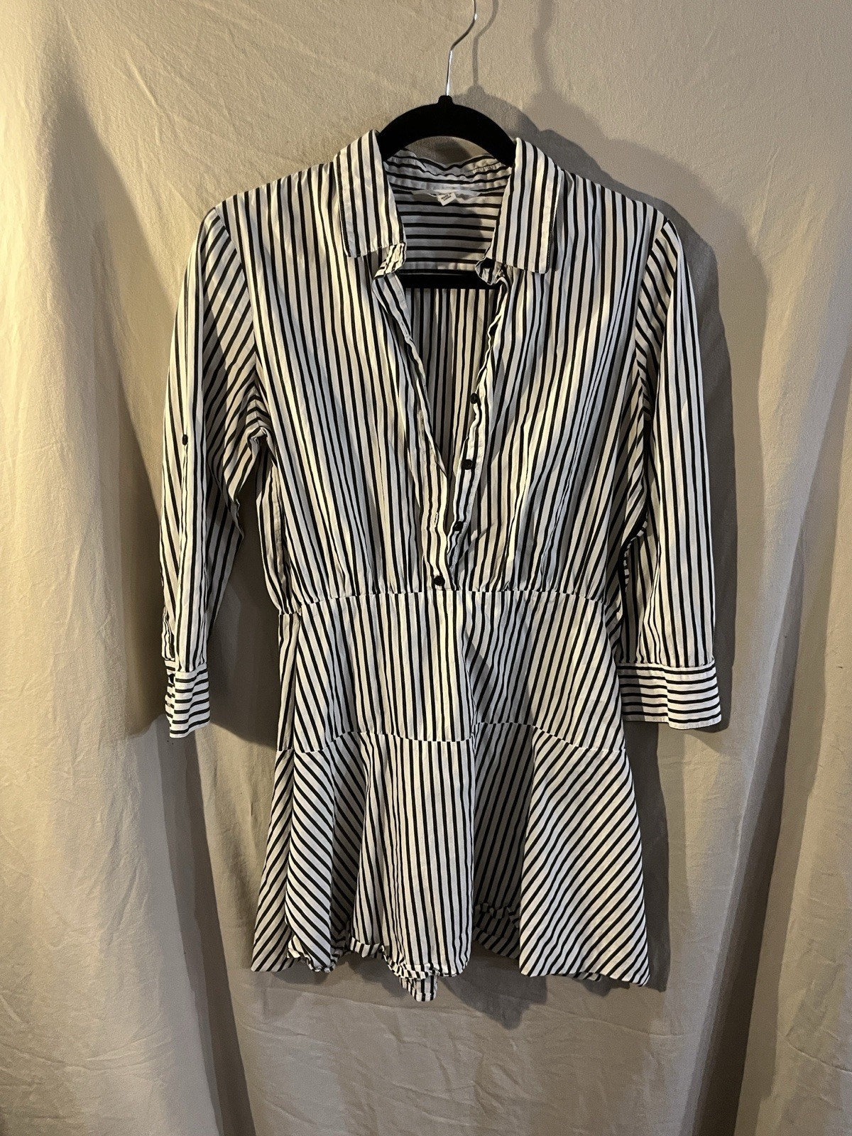 BB Dakota Women’s 8 Striped Button Down Shirt Dress 3/4 Sleeve Black White