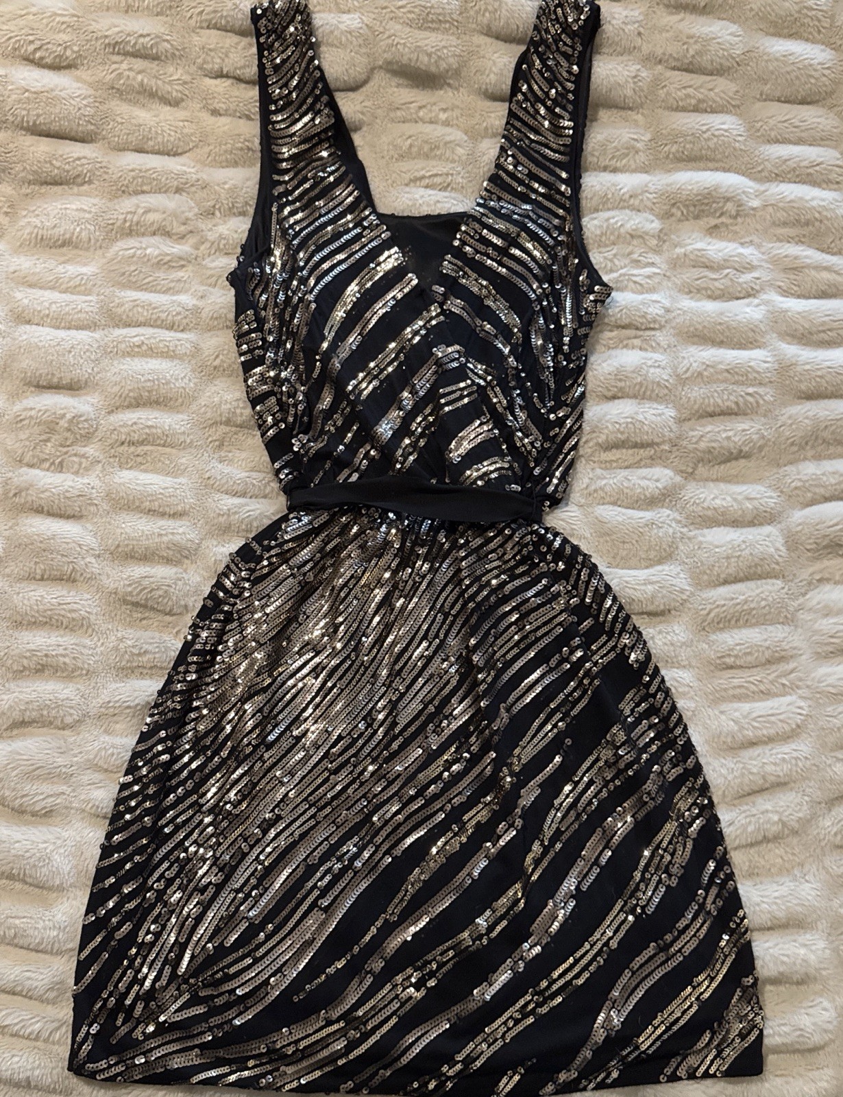 Express Black Gold Sequin Midi Dress Deep V Open Back Satin Belt Size Small