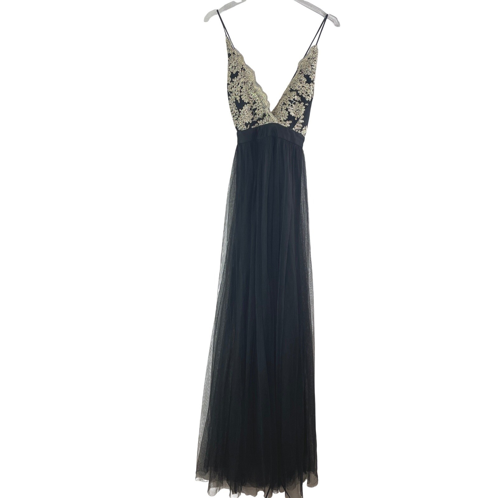 Windsor Gold Embroidered Tulle Maxi Gown Size Large Black Gold Prom Formal Long
