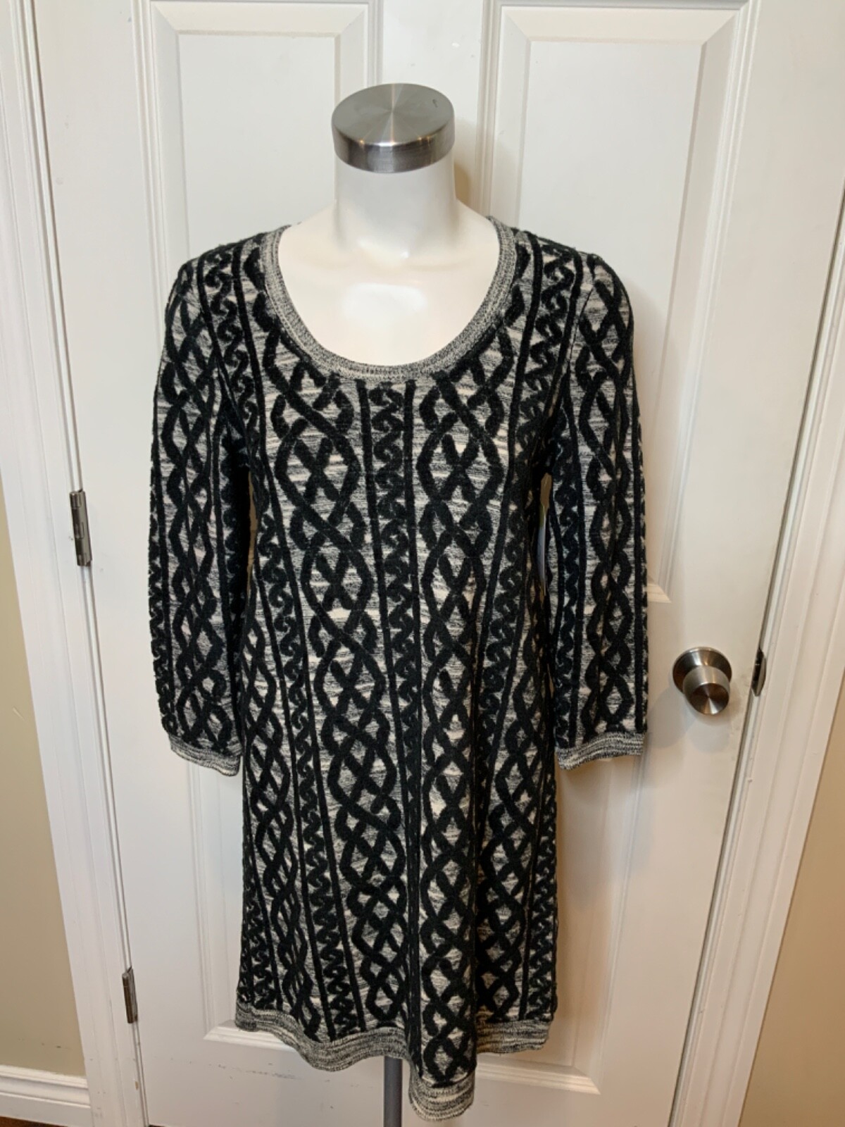 Moth Navy Blue & White Textured Wide Neck Dress, Size S