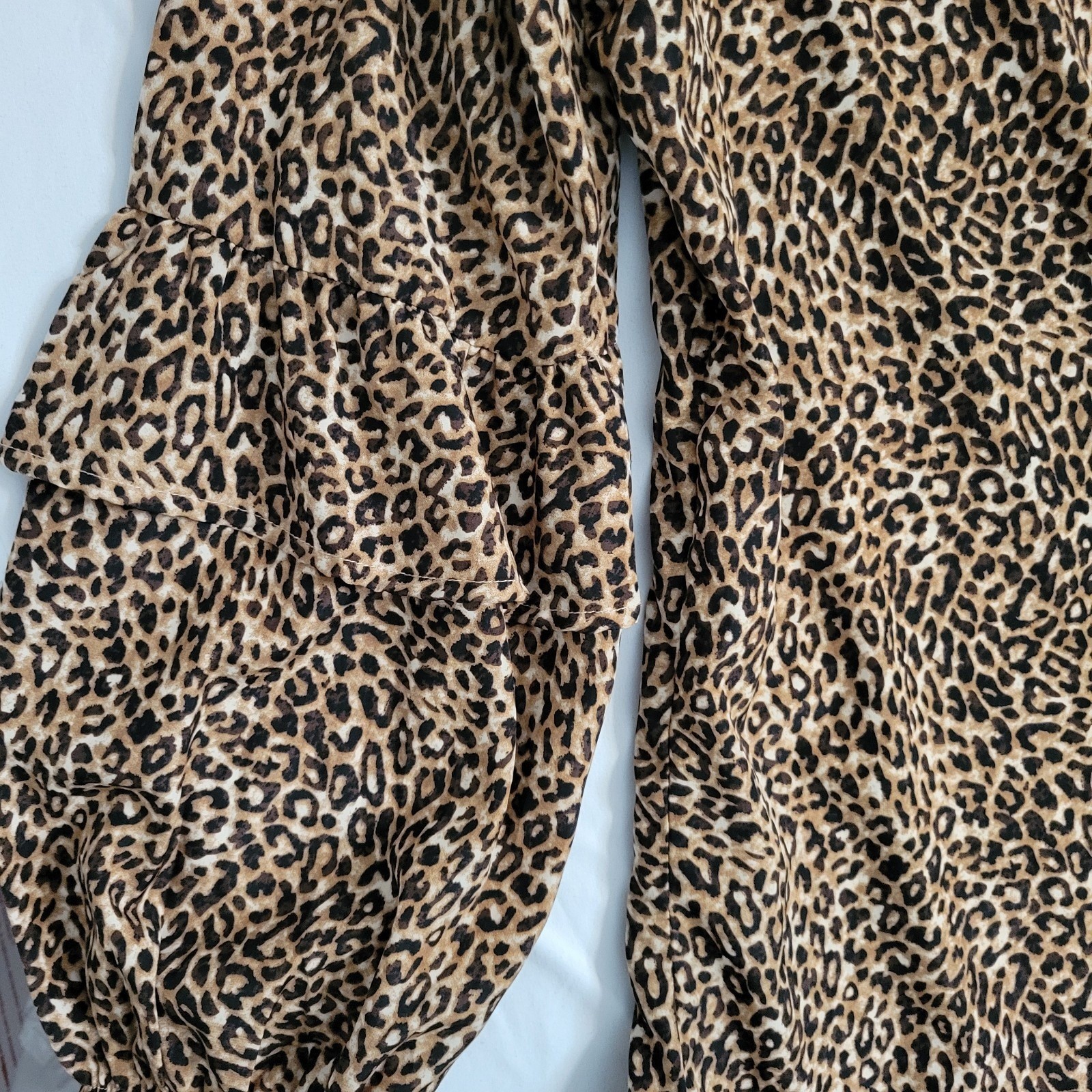 Leopard Animal Print Dress Womens Large Brown Ruffle Tiered Sleeve 90s Mob Wife