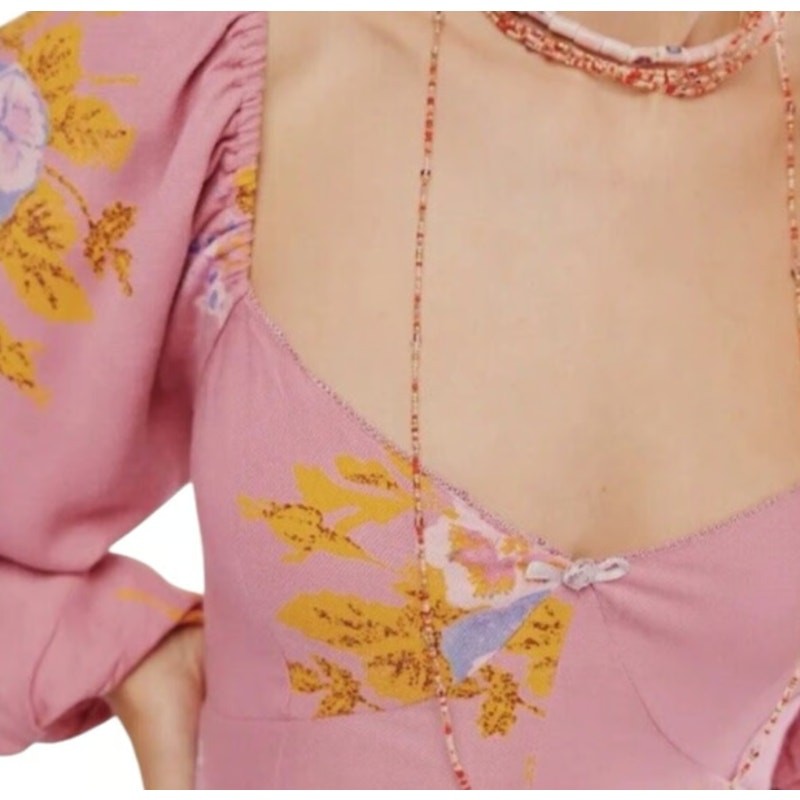Free People Francesca Floral Puff Long Sleeves Mini Dress Rose Pink Size Large