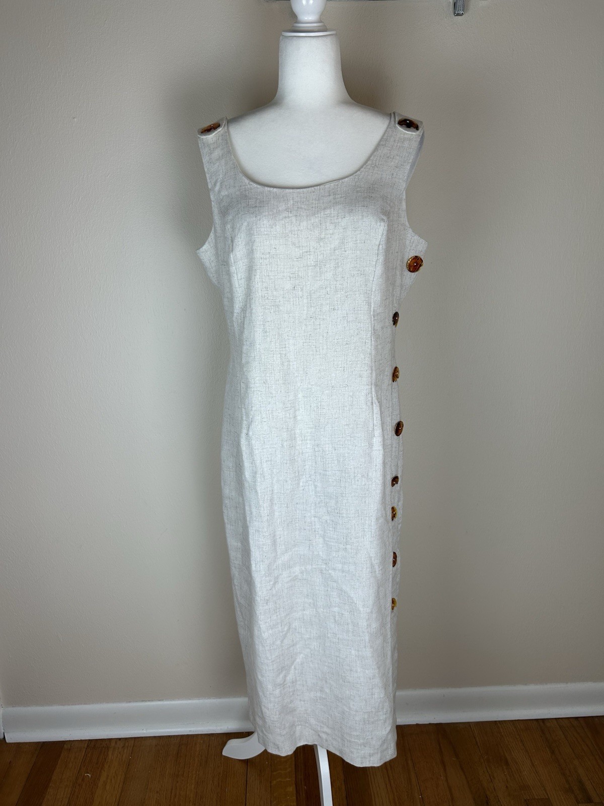 Vintage Linen Like 12 Dress Midi Animal Buttons Lagenlook Coastal Preppy Boho