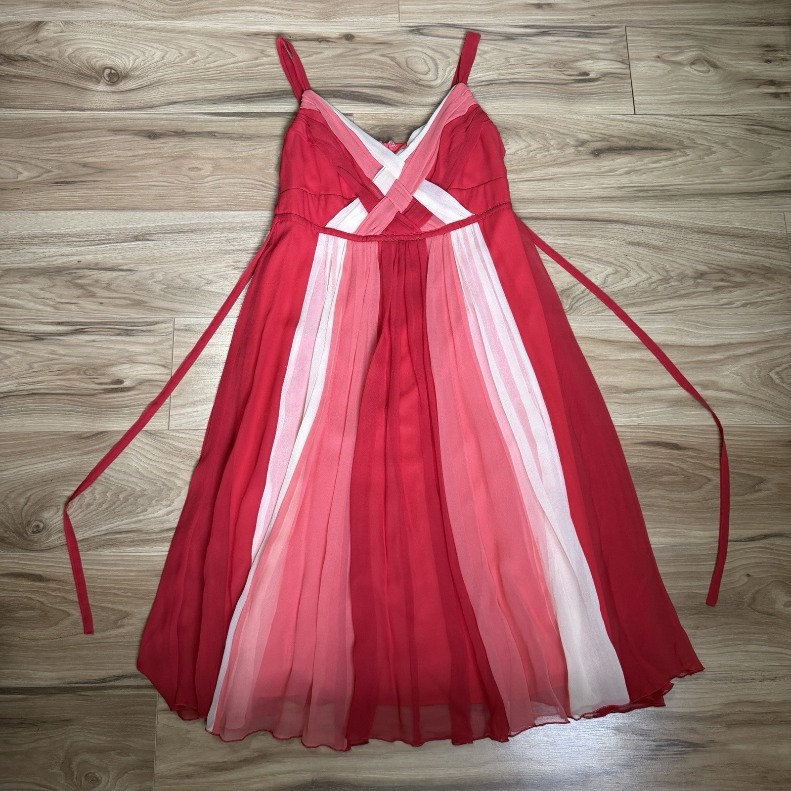 Signature Robbie Bee Silk Dress Red Coral Chiffon Overlay Tie Waist Sz 6