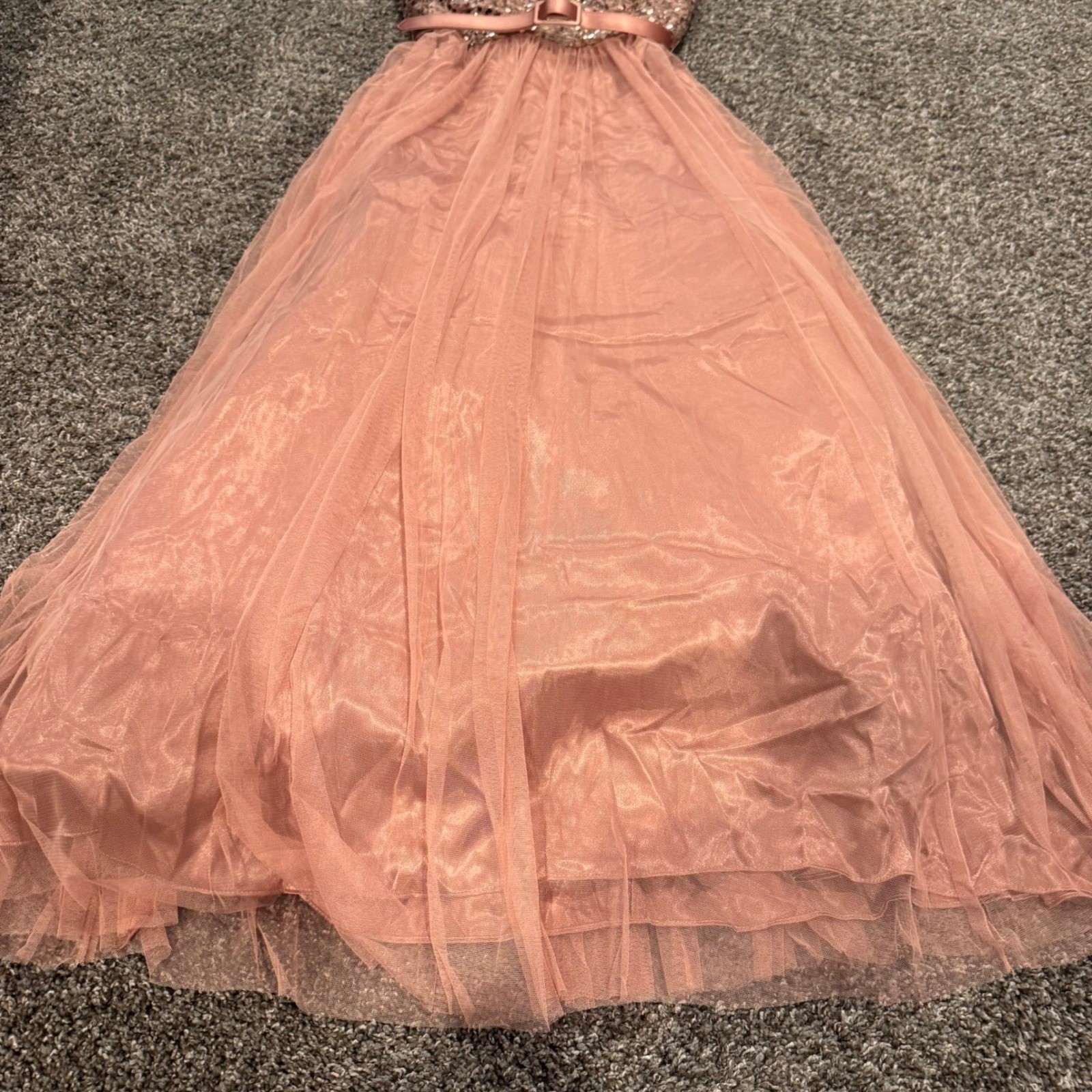 Xscape Rose Gold Sequin Tulle Strapless Gown Formal Prom Evening Dress Pink 10