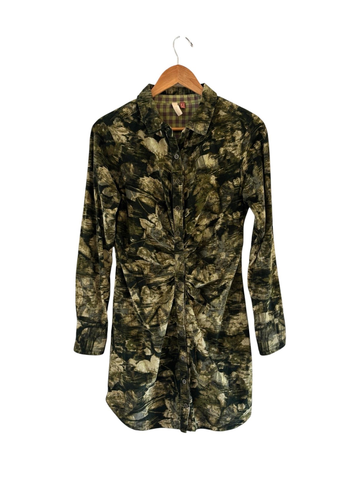 Pilcro Shirt Dress Womens 6 Camouflage Corduroy Ruched Button Front Festival