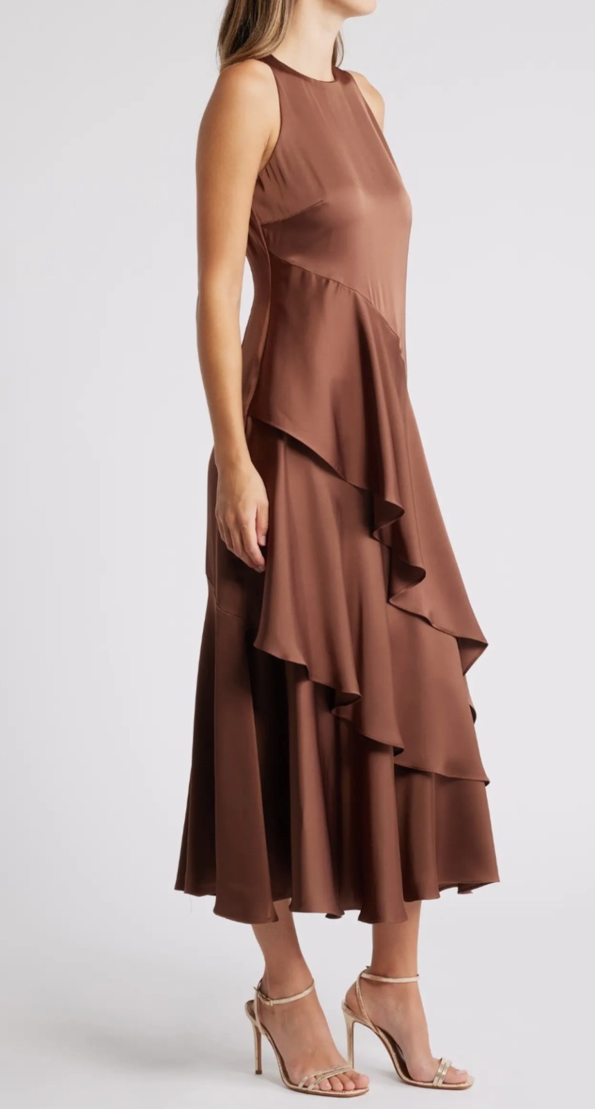 PARKER THE ANGIE BROWN UMBER LAYERED RUFFLE MAXI DRESS
