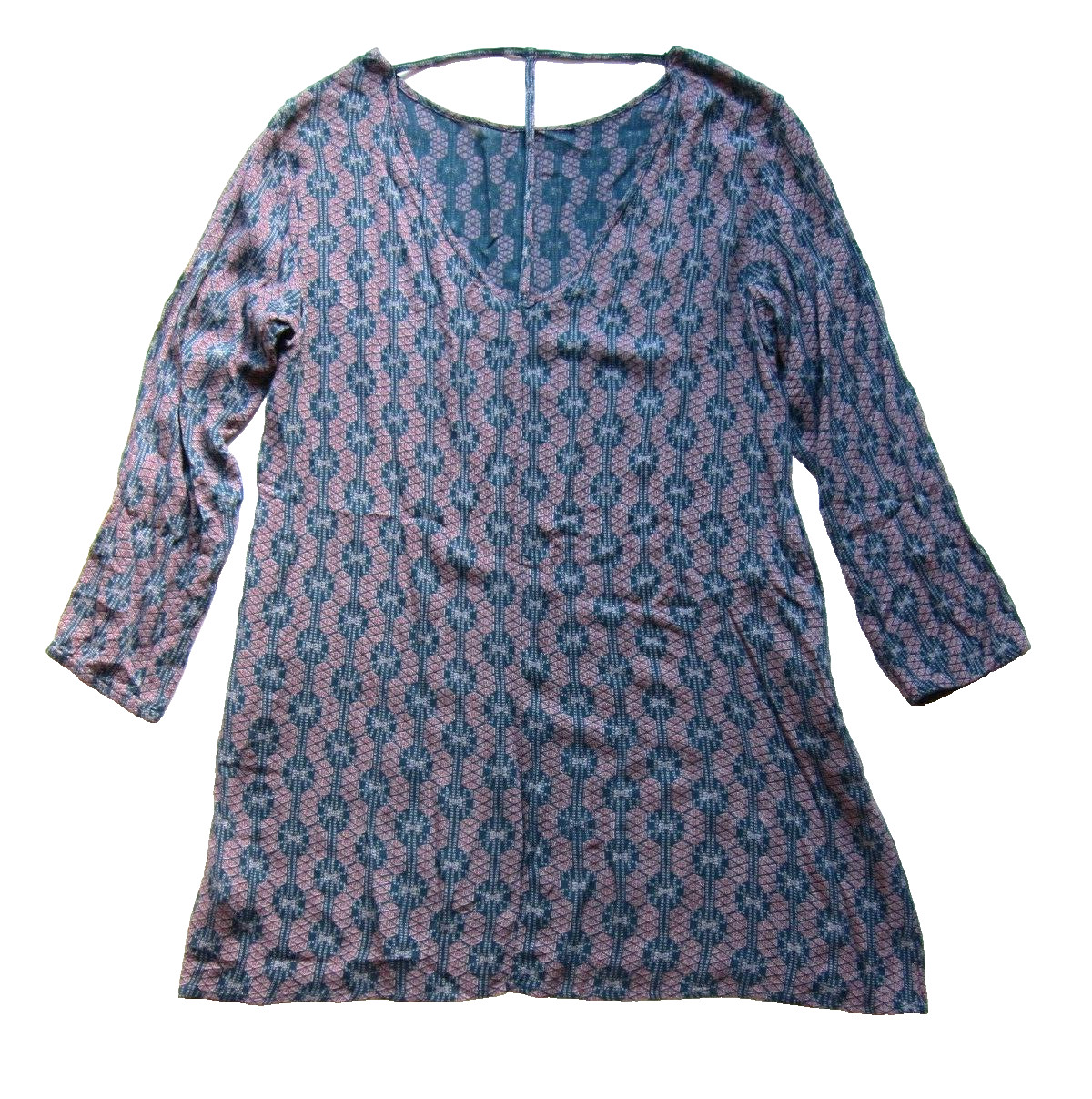 ROXY 100% Rayon Blue Green Pink Geometric Pocket Long Sleeve Tunic Shift Dress L