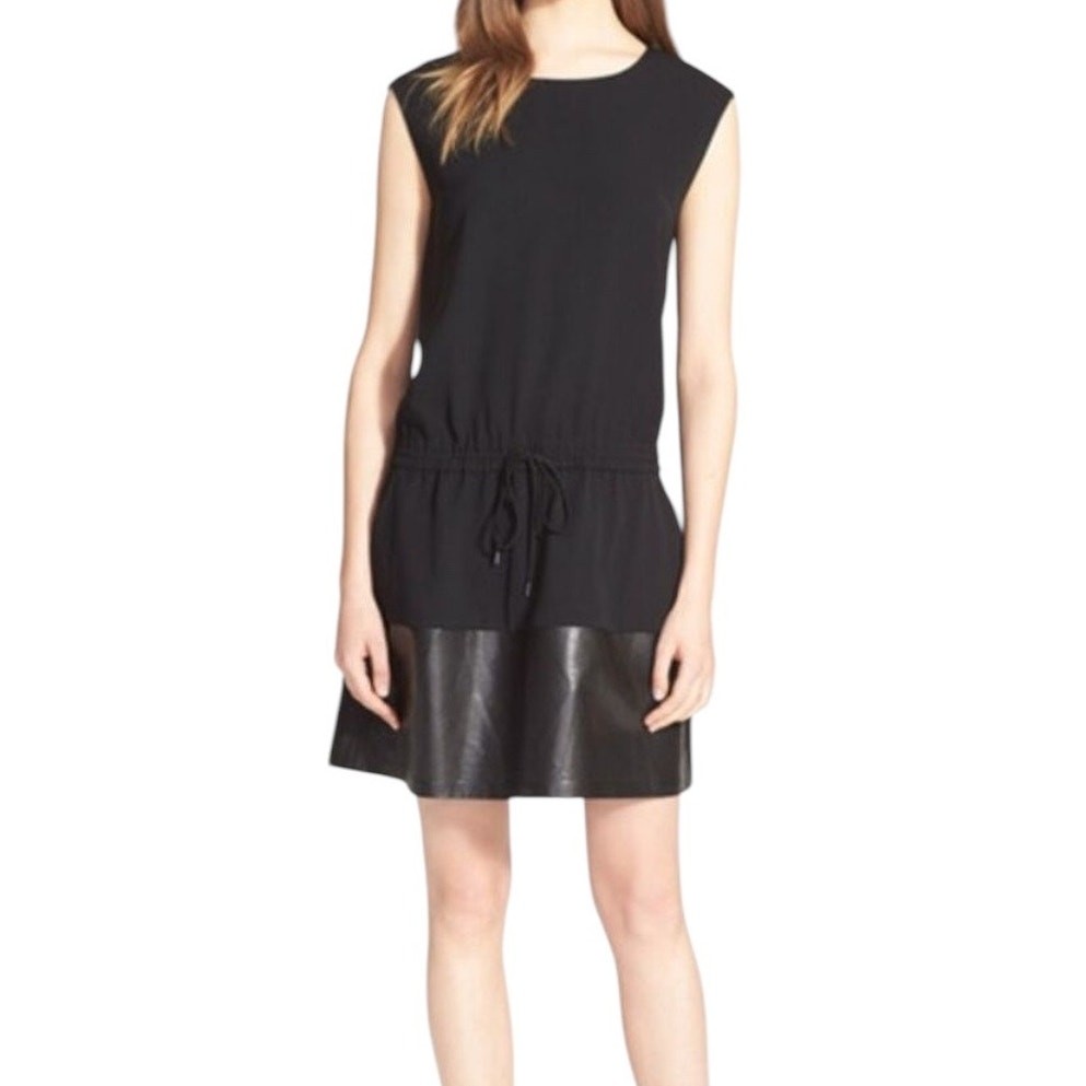 VINCE Lamb Leather Contrast Drawstring Waist Black Dress Small Preppy All Season