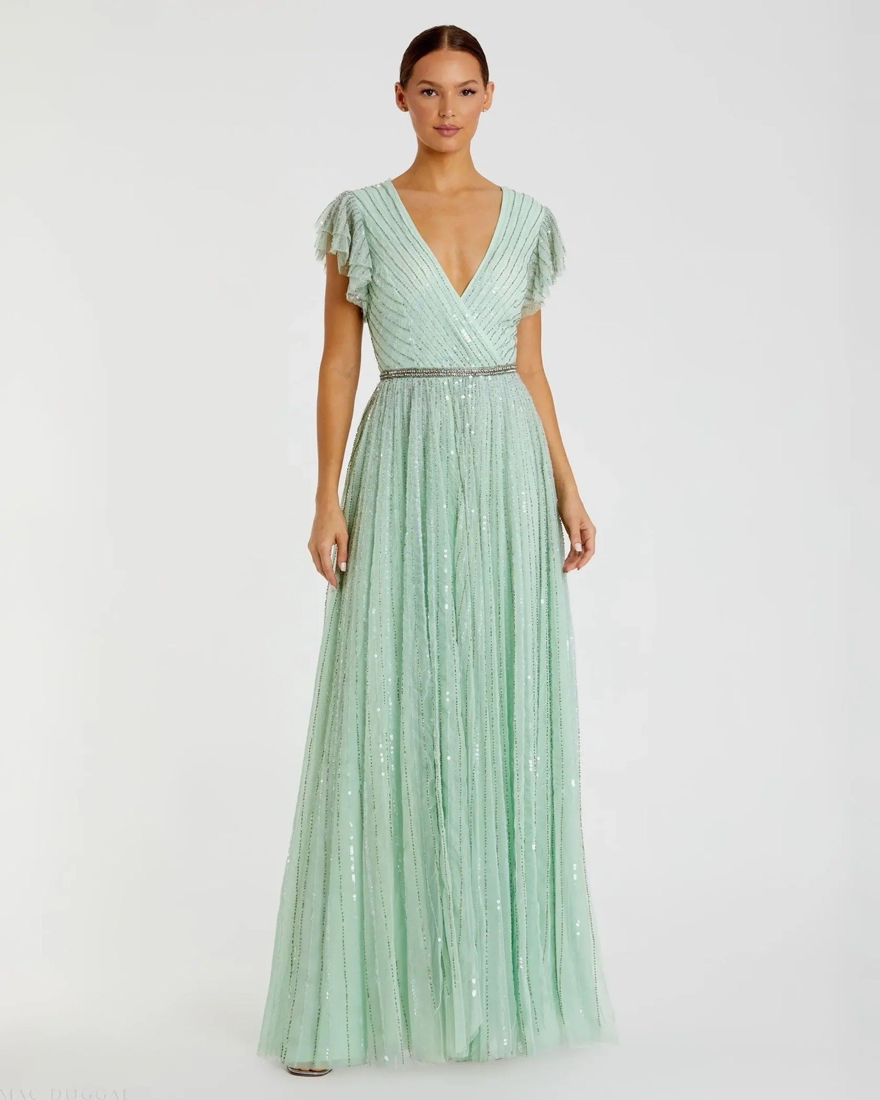 MAC DUGGAL Sequined Wrap Over Ruffled Cap Sleeve Gown 5502 Seamist Size 16 $698