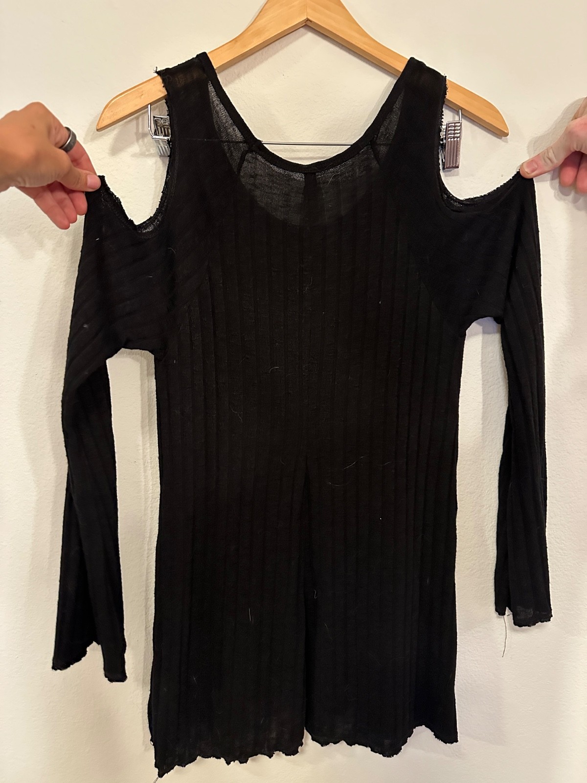 Elan Black Cold Shoulder Layered Knit Dress Women’s Medium Sheer Striped Boho