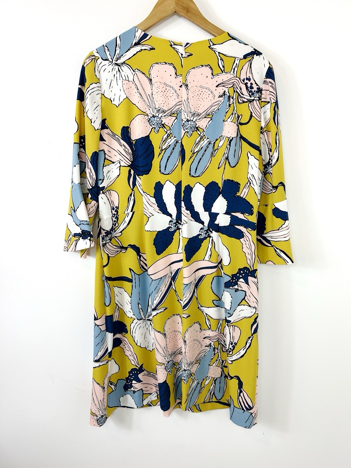 Hobbs Blue Yellow Floral Print 3/4 Sleeve Summer Wedding Pencil Dress UK 14