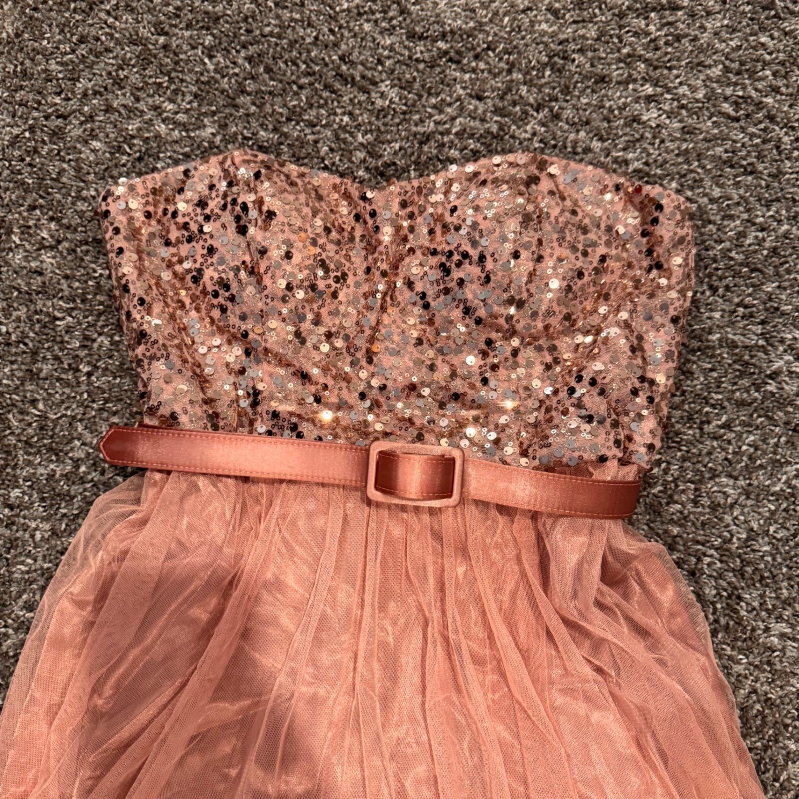 Xscape Rose Gold Sequin Tulle Strapless Gown Formal Prom Evening Dress Pink 10