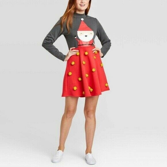 Mighty Fine Women’s Jr’s Size XL Long Sleeve Red Santa Claus Pom Pom Dress New