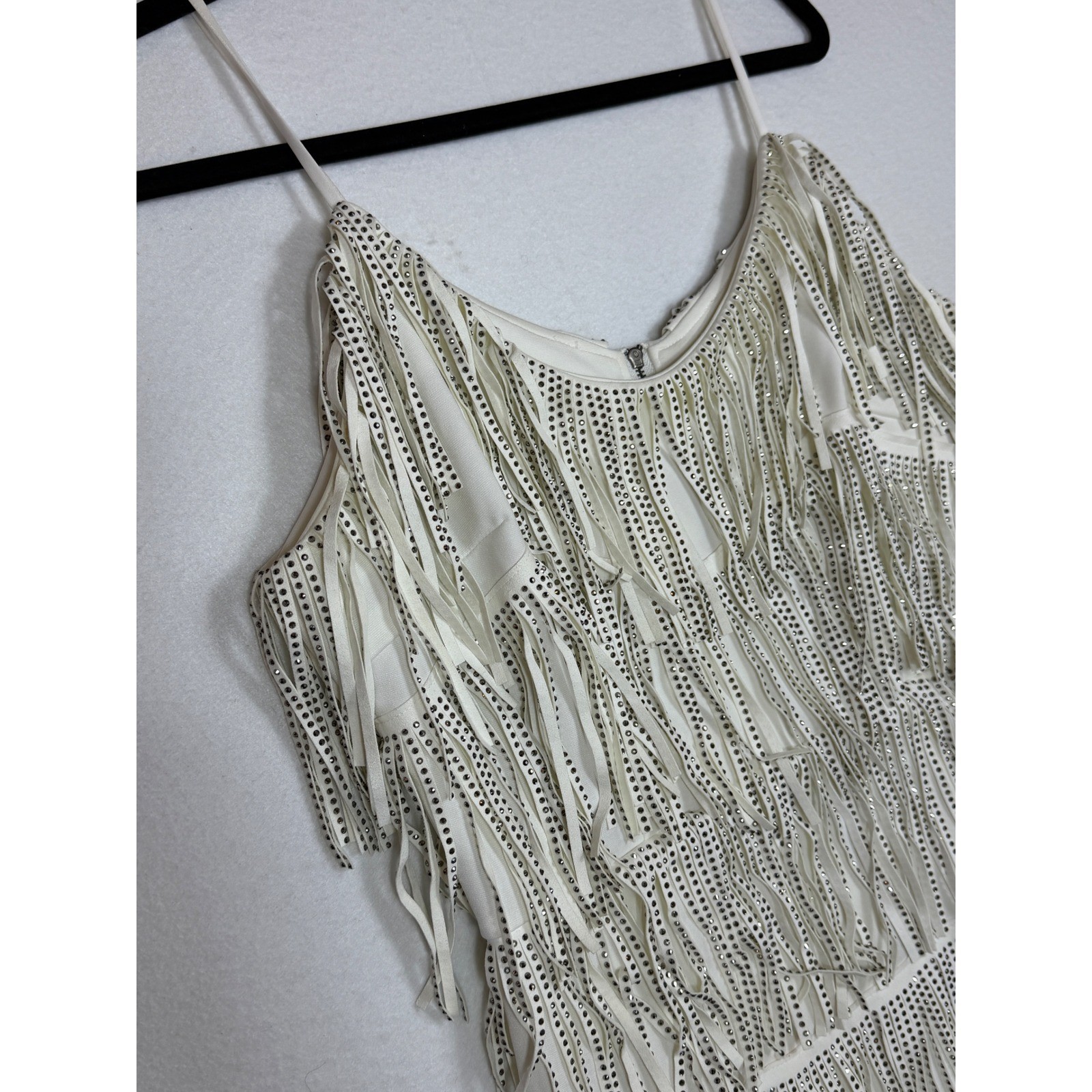 NYLON APPAREL Rhinestone Fringe Mini Dress White Spaghetti Strap Party Size M