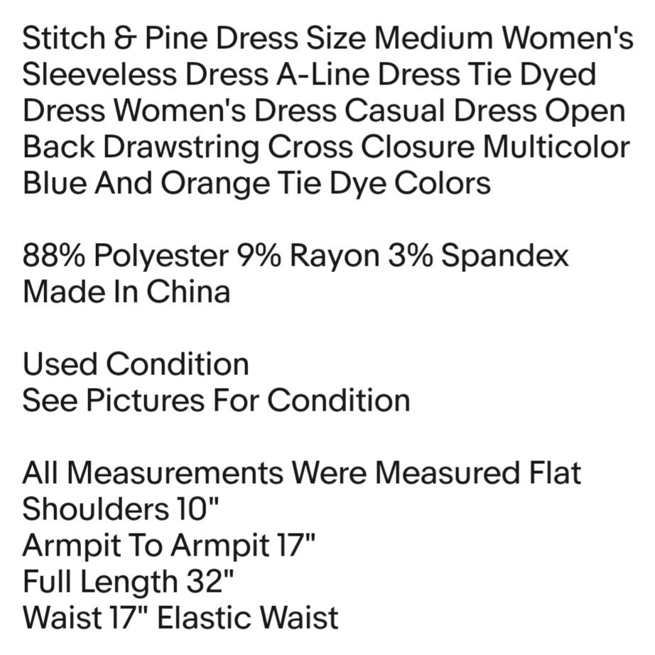 Stitch & Pine Dress Size Medium Women’s Sleeveless Dress A-Line Dress Tie Dyed