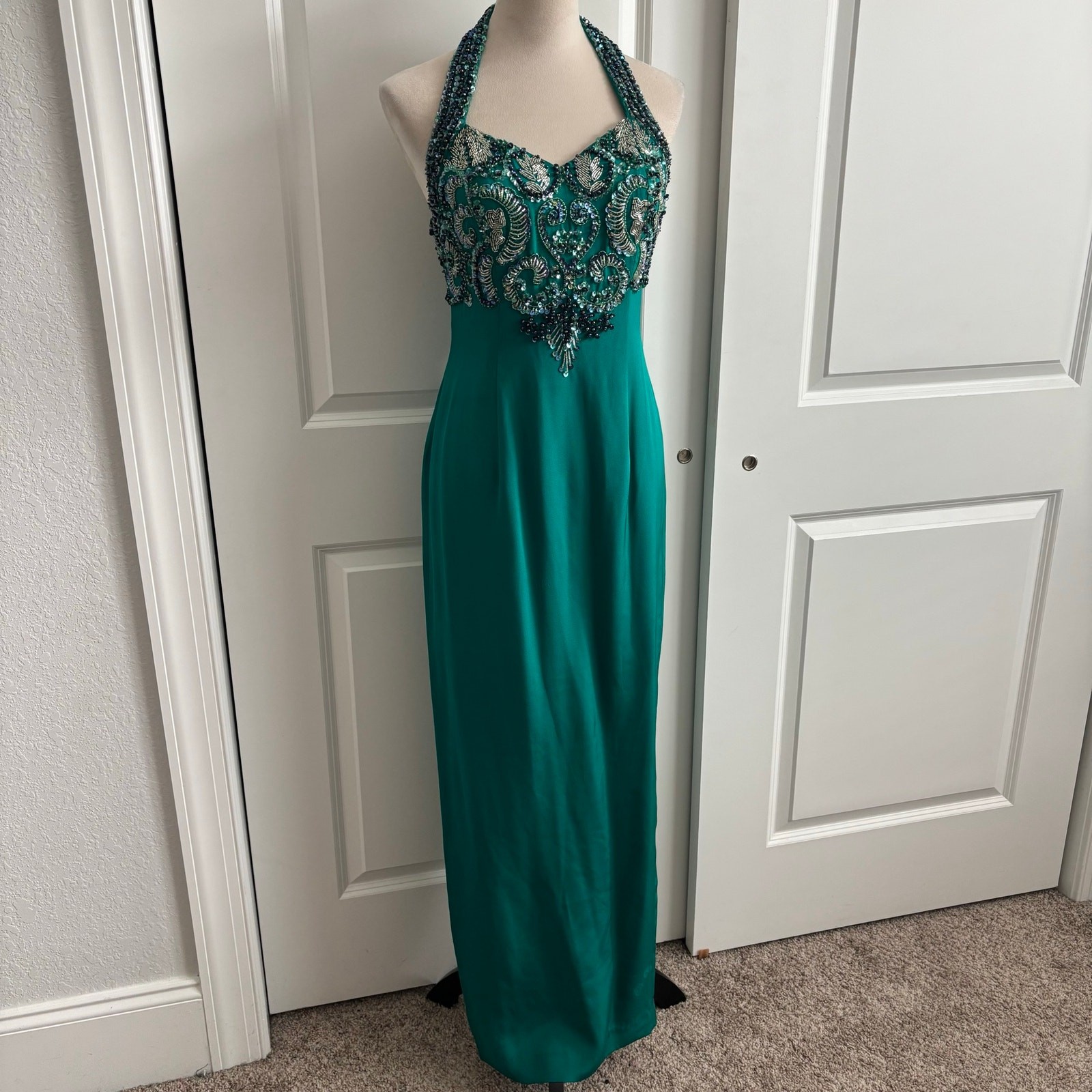 Vintage Alyce Designs Teal Silk Beaded Halter Prom Pageant Formal Gown Dress 6