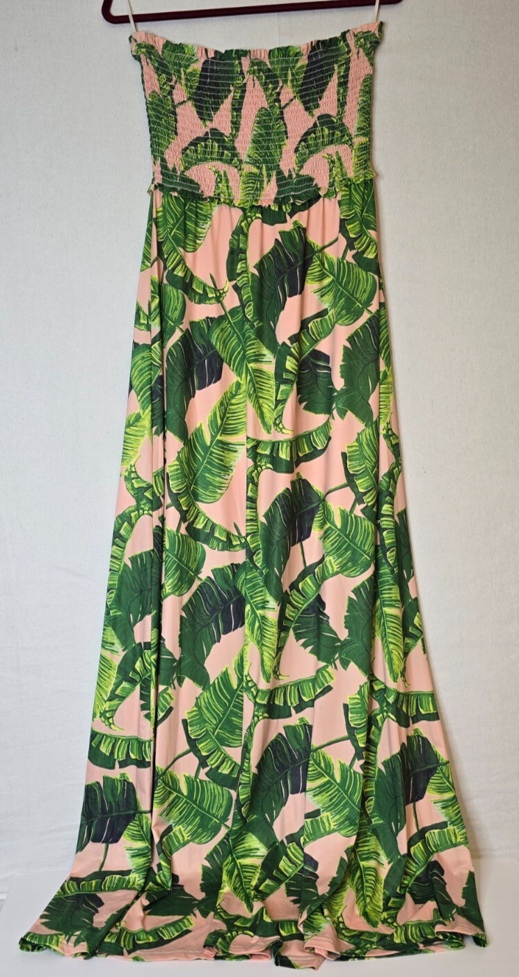 JUDITH MARCH PALM TREES PRINT LONG STRAPLESS DRESS LT PINK/GREEN RARE SZ: LG NWT