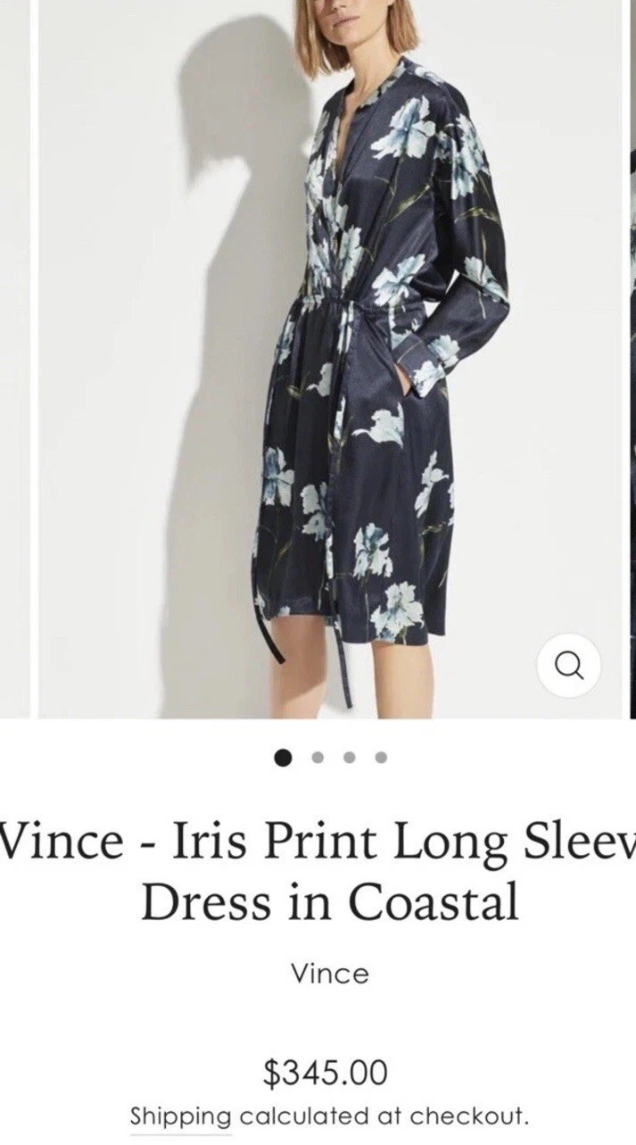 Vince Navy Floral Iris Print Long Sleeve Satin Shirt Dress Coastal Size XS $345