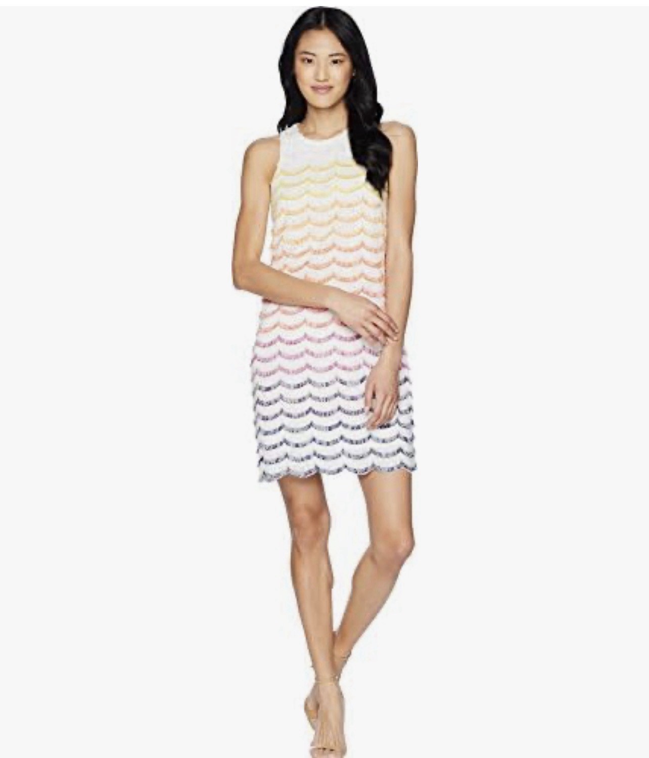 NWOT Trina Turk Rainbow Scallop Fringe Stripes On White Lace Shift Dress Size 4